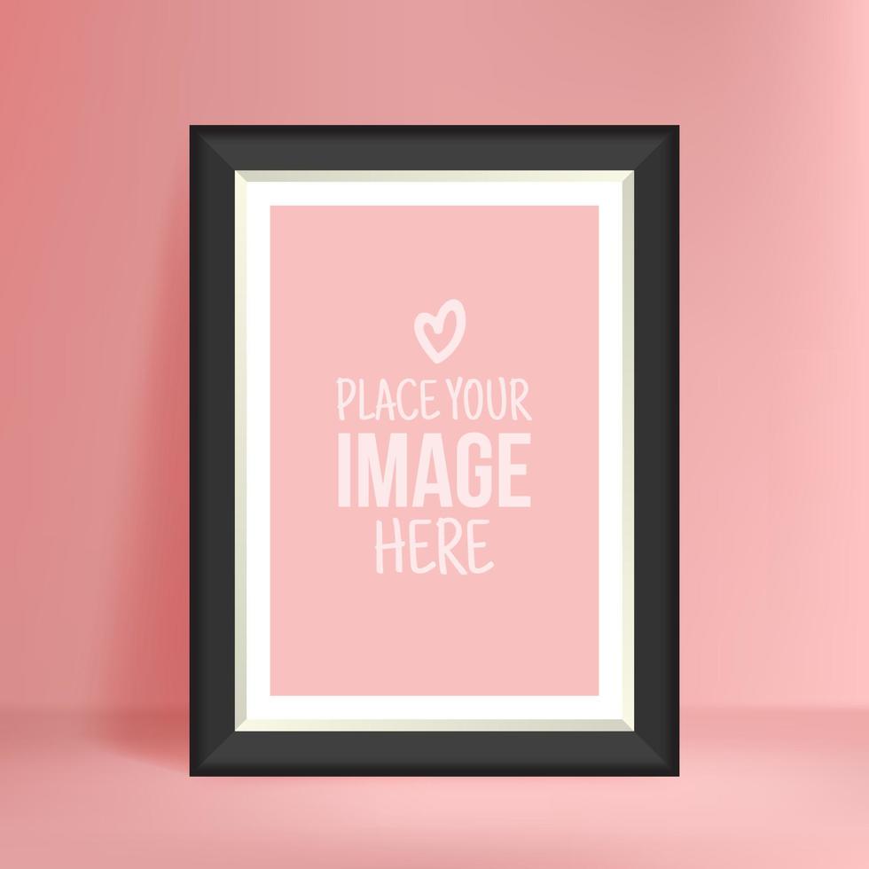 maqueta de foto de retrato en la pared rosa, marco de póster vacío para sus impresiones de diseño vector