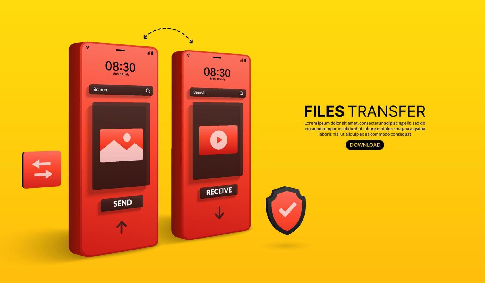 concepto de transferencia de archivos y transmisión de datos, intercambio de archivos en línea mediante la aplicación de teléfono inteligente vector