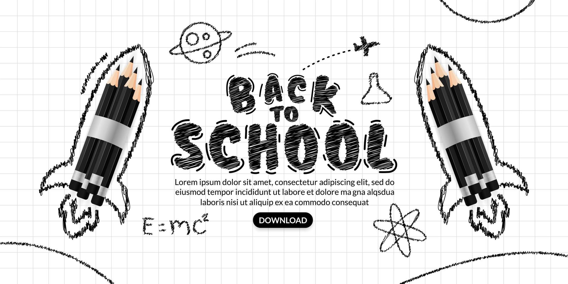 Realistic black pencil rocket launching background, Welcome back to school doodles text vector