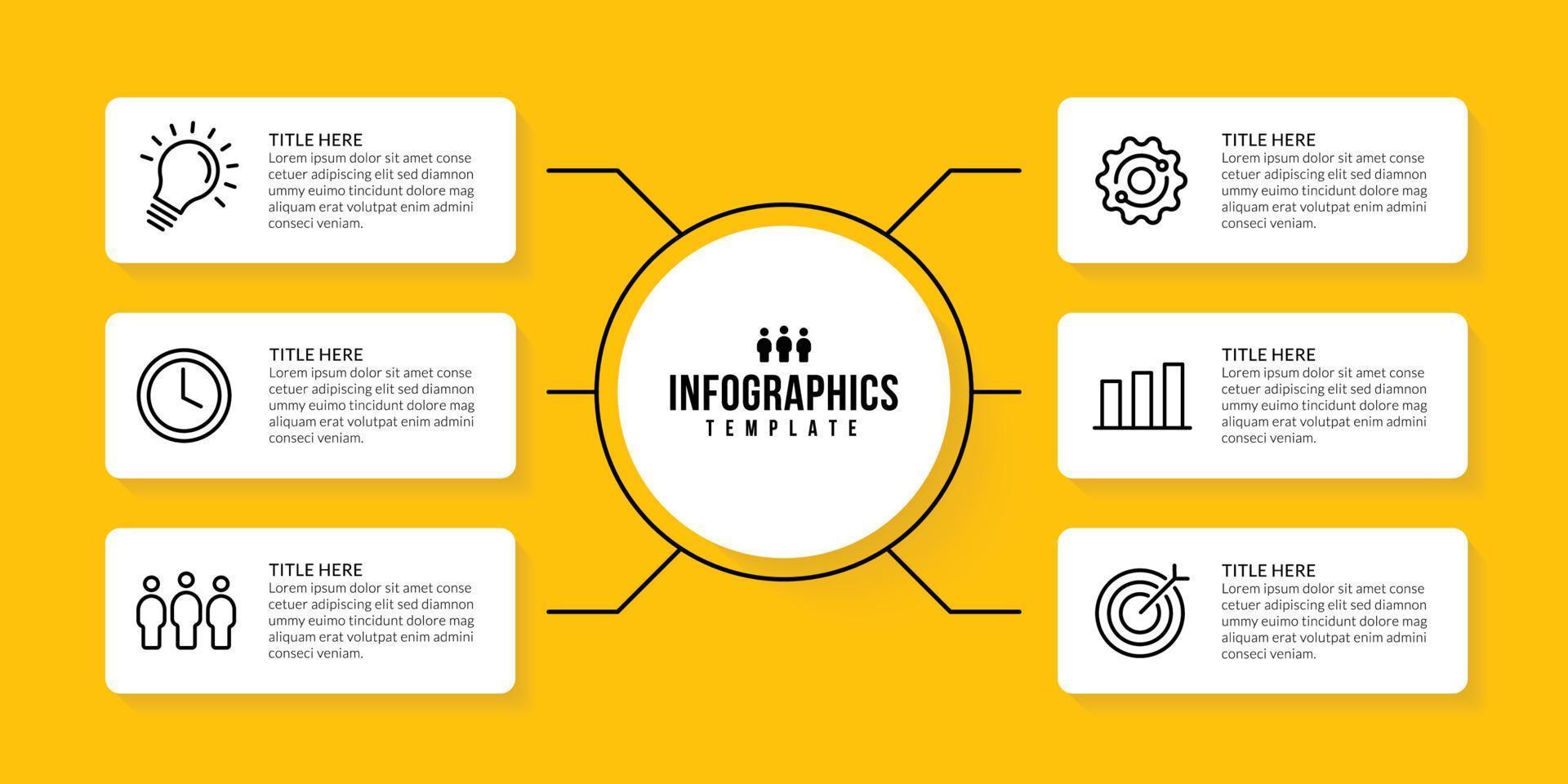 Workflow infographic template design with 6 options on yellow background, Business data visualization concept vector