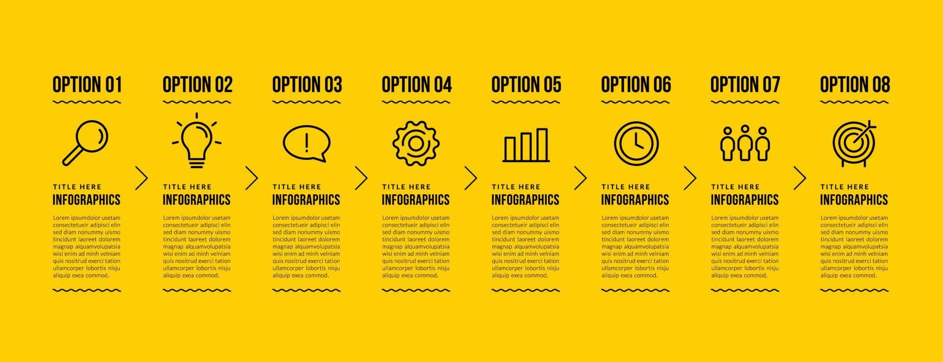 Diseño de plantilla de infografía empresarial con 8 opciones, concepto de pasos de visualización de datos empresariales, estilo de iconos de línea fina sobre fondo amarillo vector