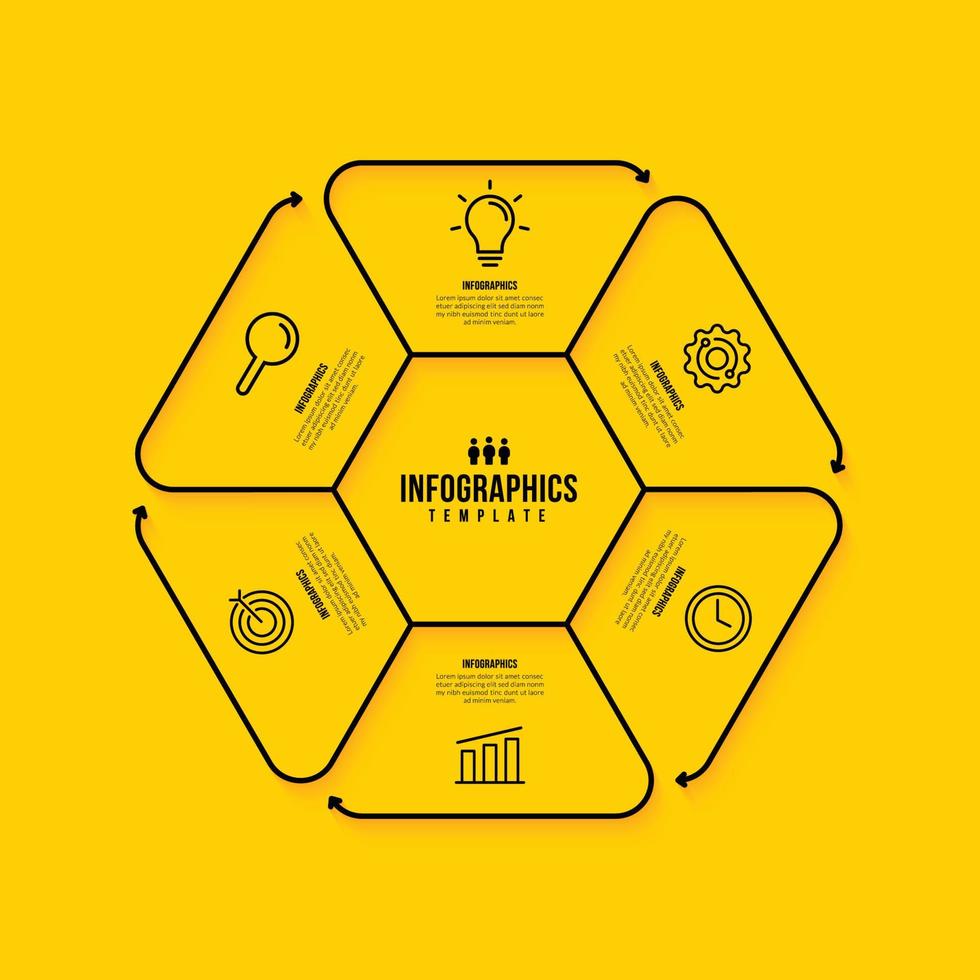 Hexagon infographic template design with multiple options, Business data visualization steps concept, Thin line icons style on yellow background vector
