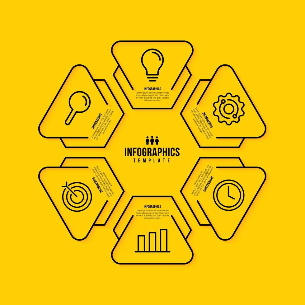 Diseño de plantilla de infografía hexagonal con múltiples opciones, concepto de pasos de visualización de datos comerciales, estilo de iconos de línea delgada sobre fondo amarillo vector