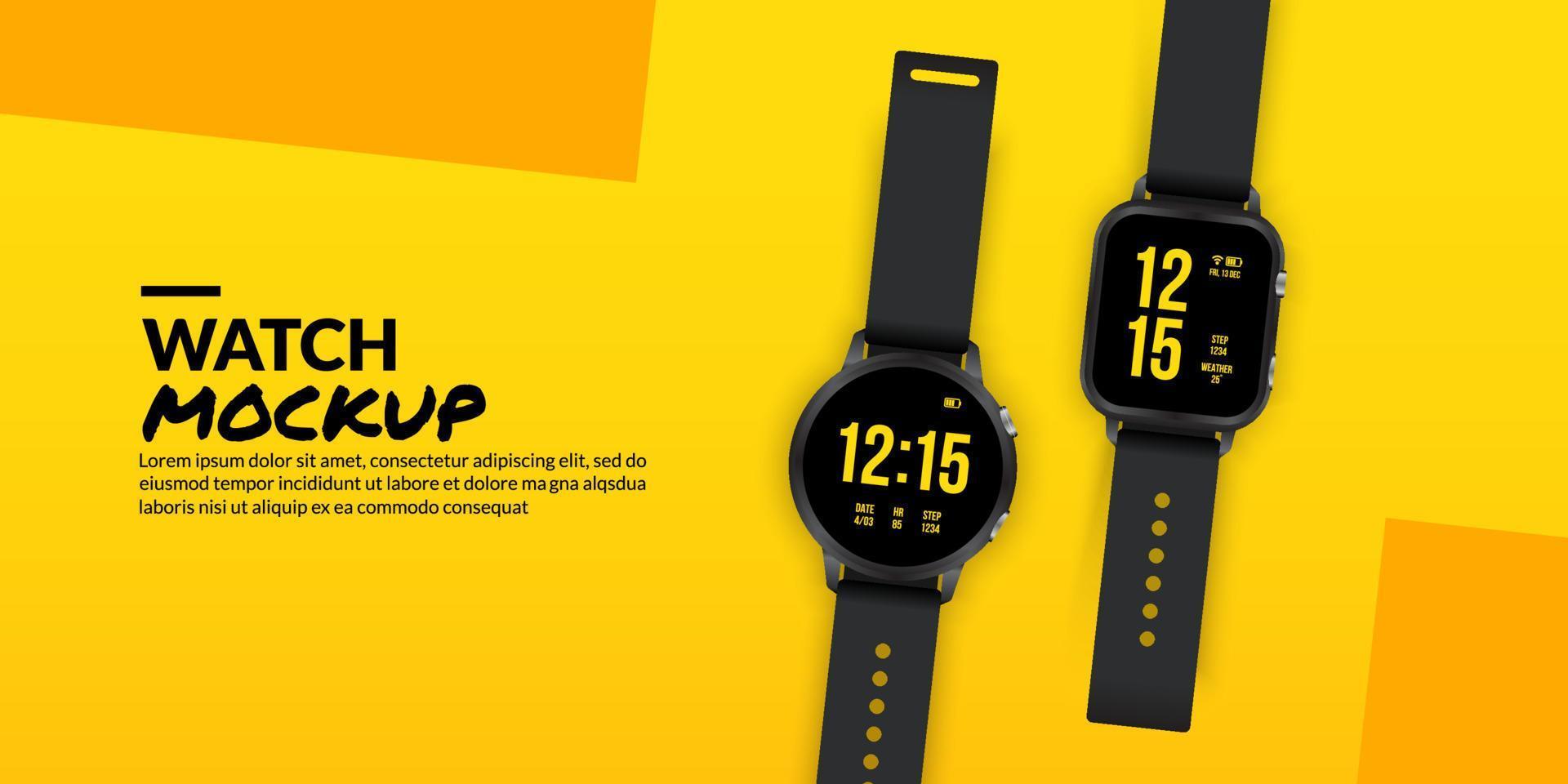 Relojes inteligentes negros aislados sobre fondo amarillo, concepto de tecnología de desgaste inteligente vector