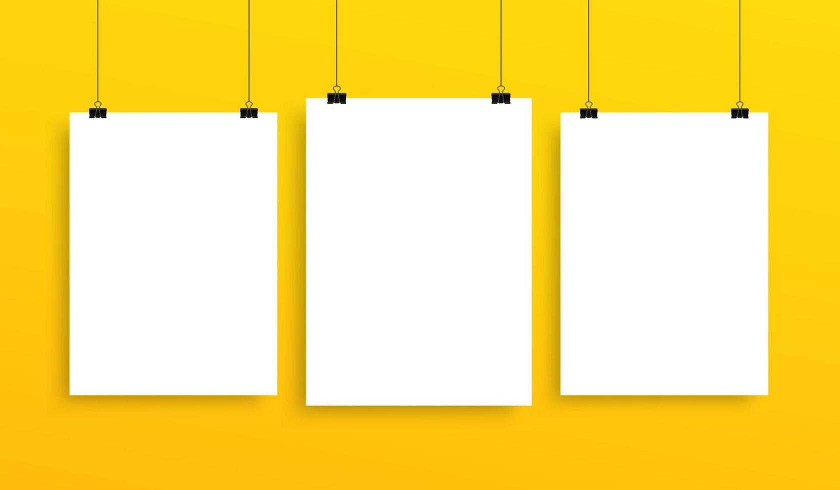 Collection of vertical hanging poster mockup, white blank sheets template on yellow wall vector