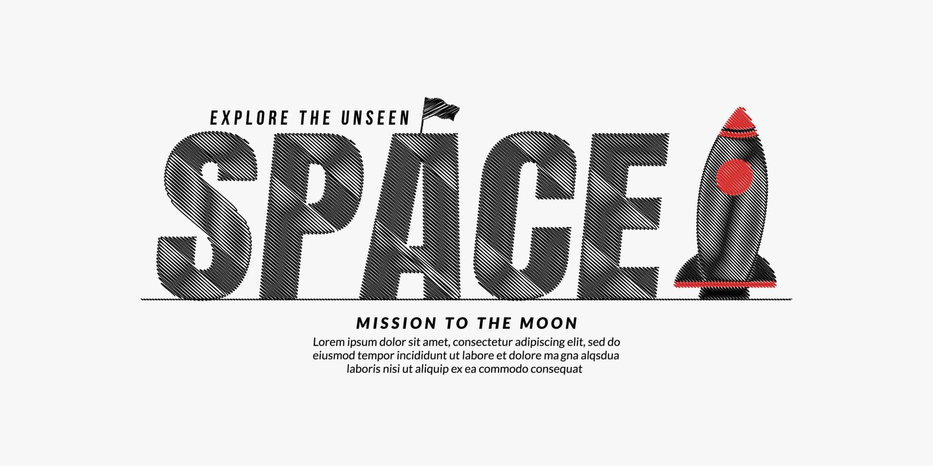 Fondo de diseño de texto de garabato espacial, concepto de tipografía de letras espaciales con cohete, misión para explorar el espacio vector