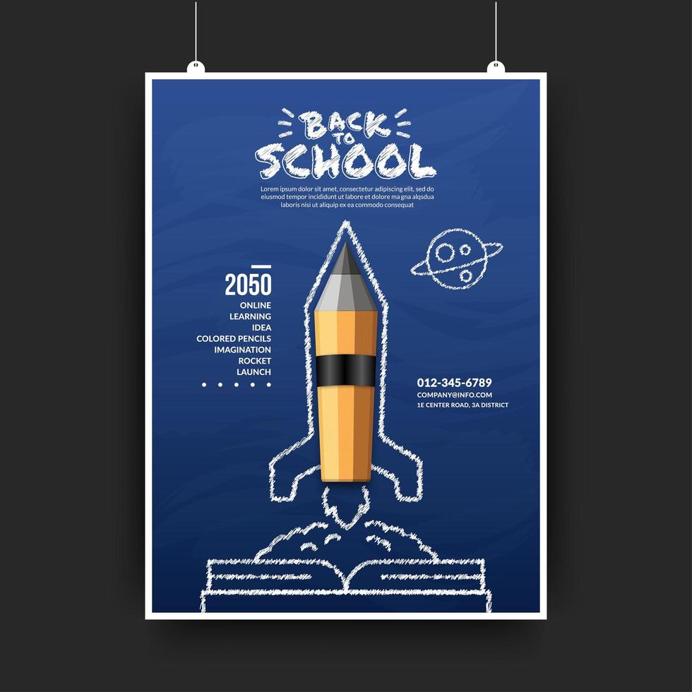 cohete de lápices de colores que se lanza desde el libro al espacio, folleto de bienvenida de regreso a la escuela vector