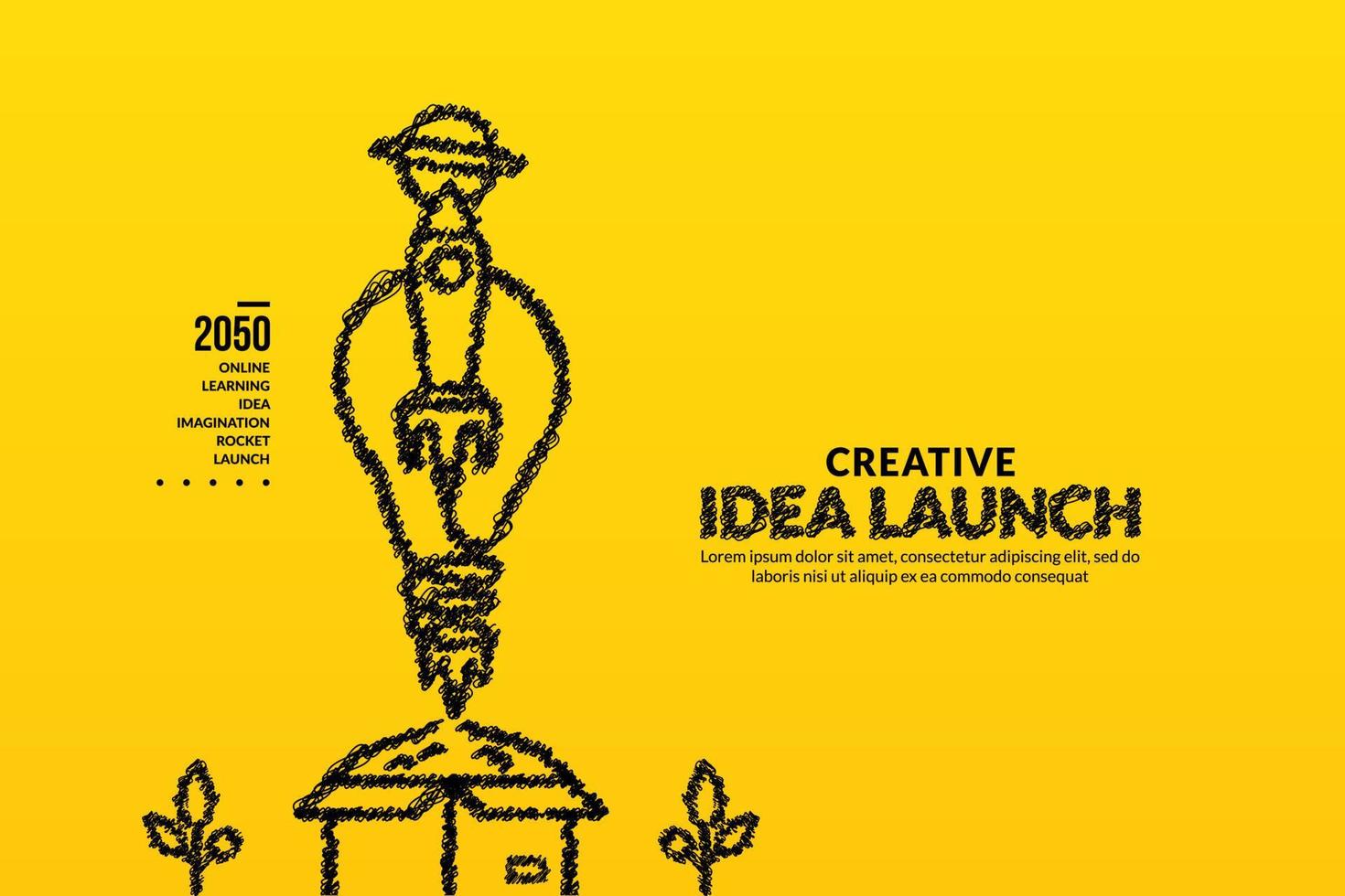Rocket with light bulb launching out of the box background, Creative ideas and innovation start up concept vector