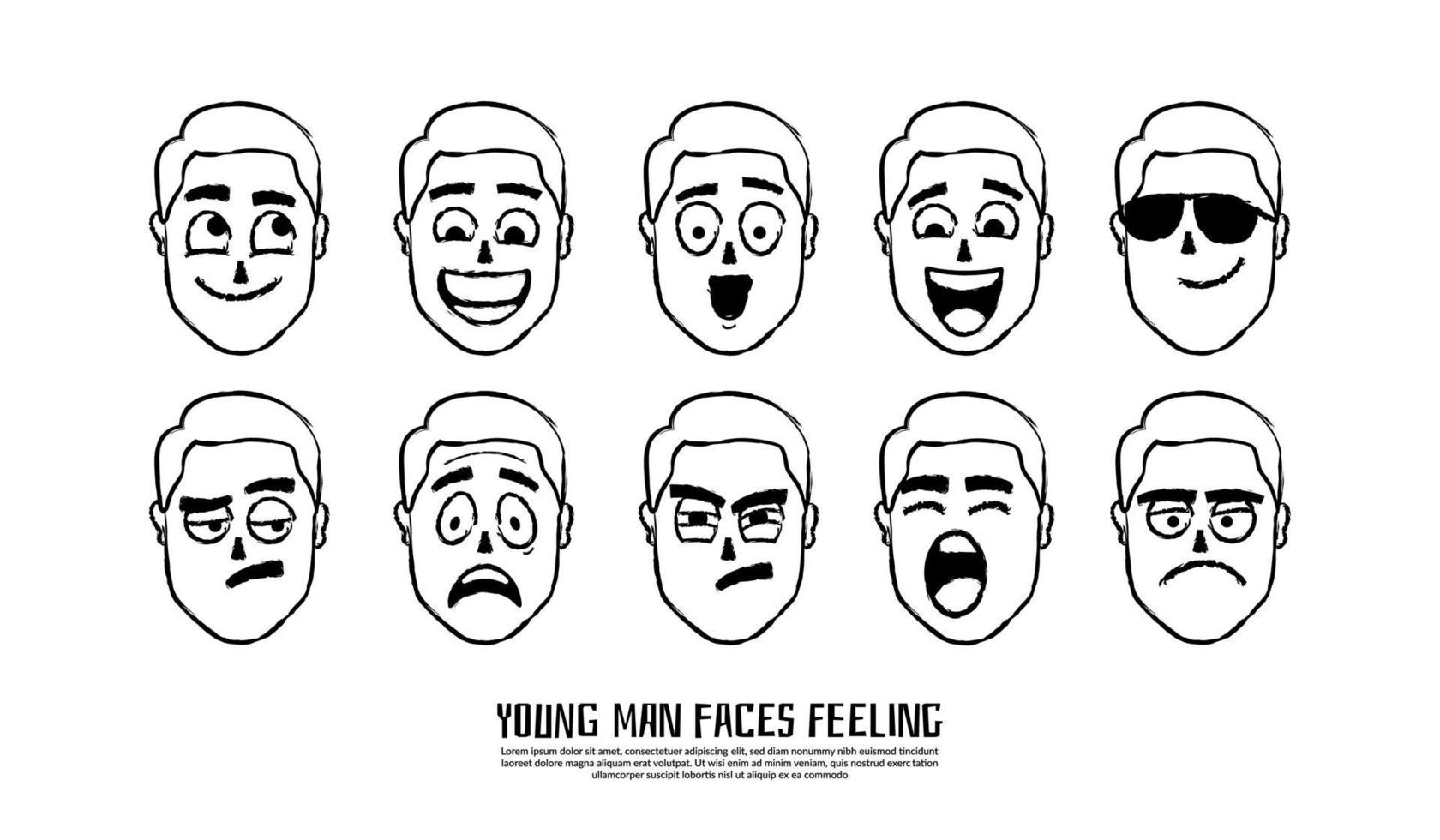 Hand drawn face expressions isolated vector, Funny cartoon emoji. Human feelings in different mood, Laughing face, smiling mouth, angry eyes. vector
