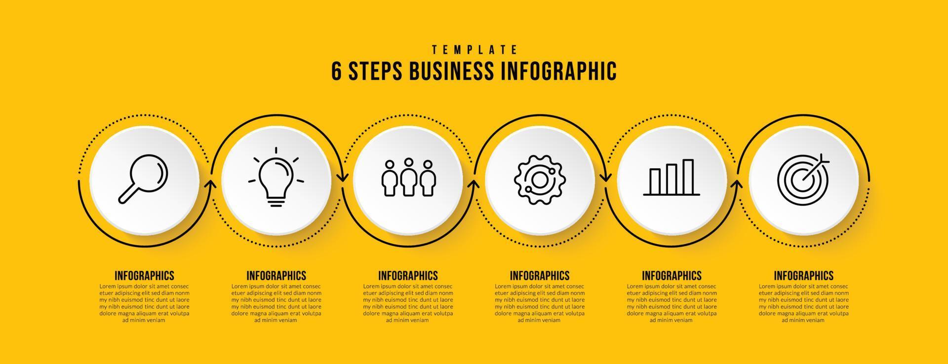 Infographic template with 6 options on yellow background, business workflow with multiple steps concept vector