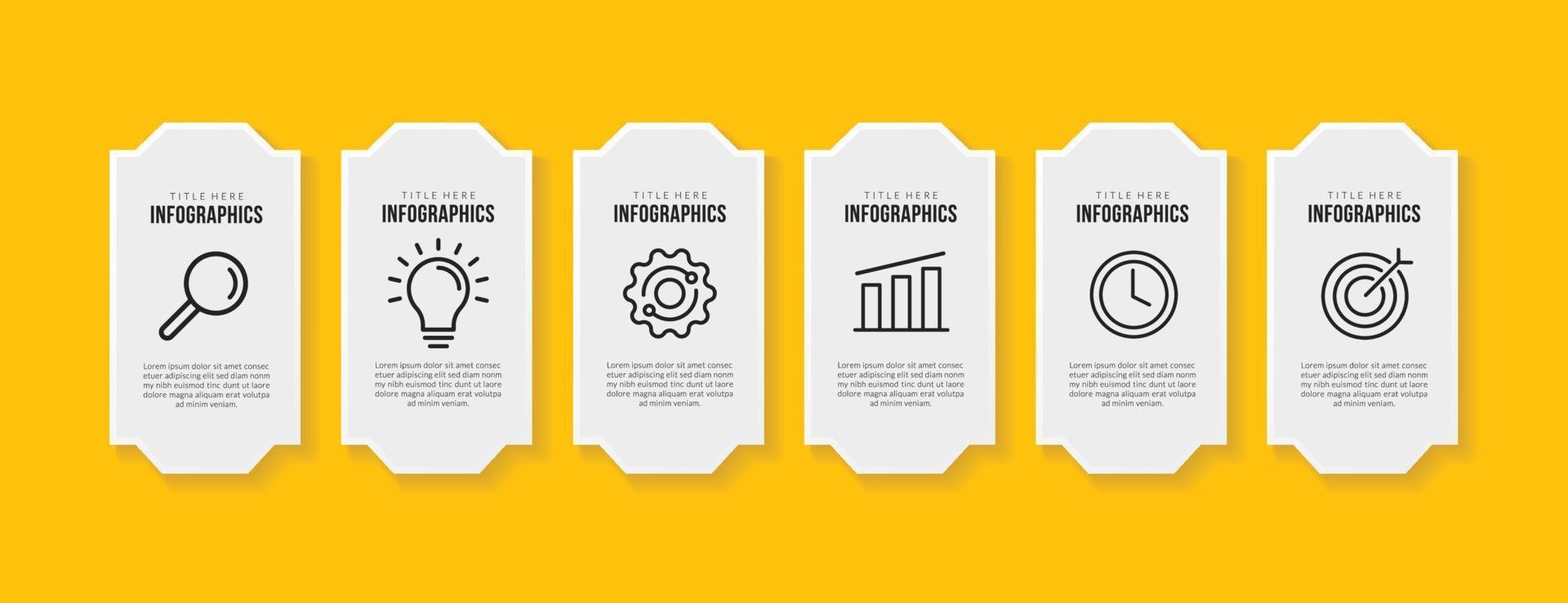 Diseño de plantilla de infografía de flujo de trabajo con 6 opciones sobre fondo amarillo, concepto de visualización de datos comerciales vector