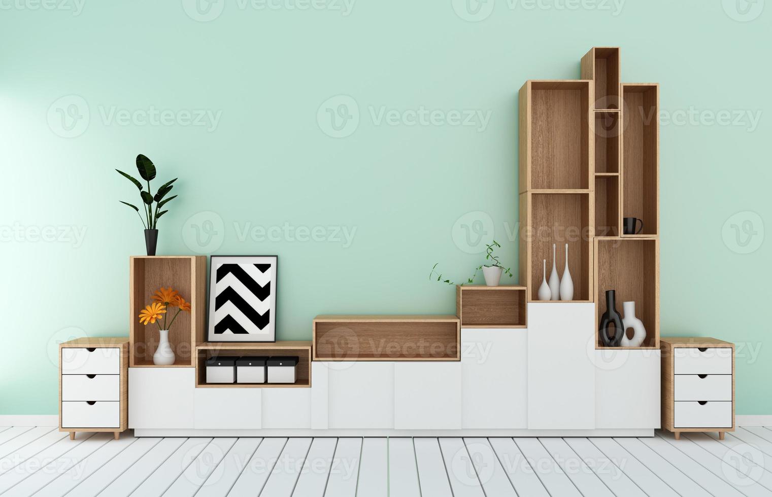 Estante de tv en sala de menta estilo tropical moderno - interior de habitación vacía - diseño minimalista. Representación 3d foto