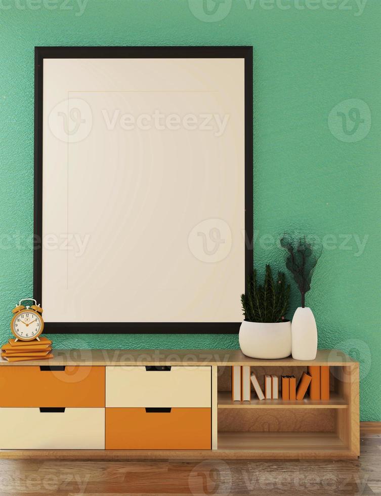 mock up poster frame in hipster mint room interior japanese style and decoration orange color.3D rendering photo