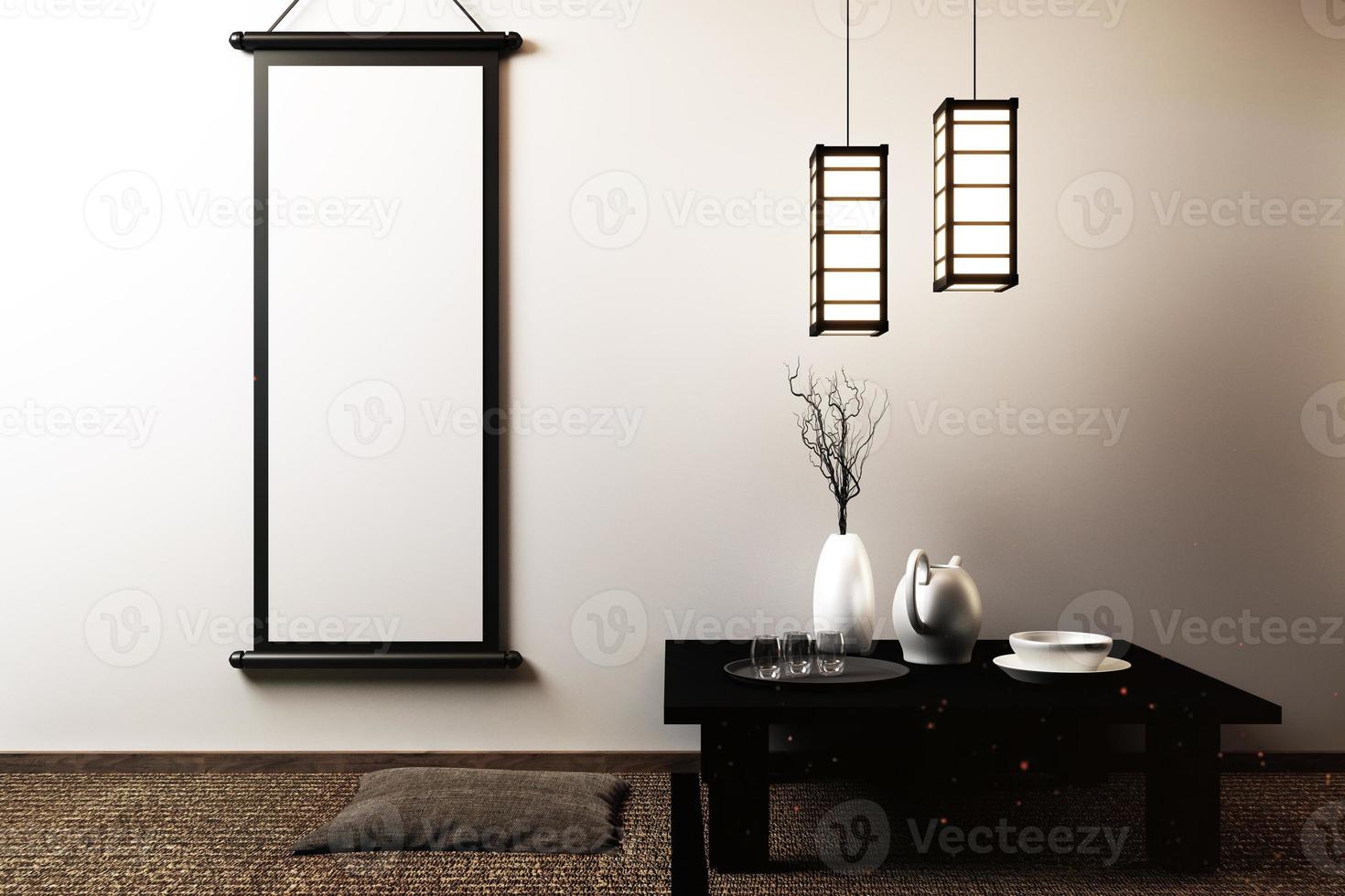 Japanese living room with lamp, frame, black low table in room white wall on floor tatami mat. 3D rendering photo