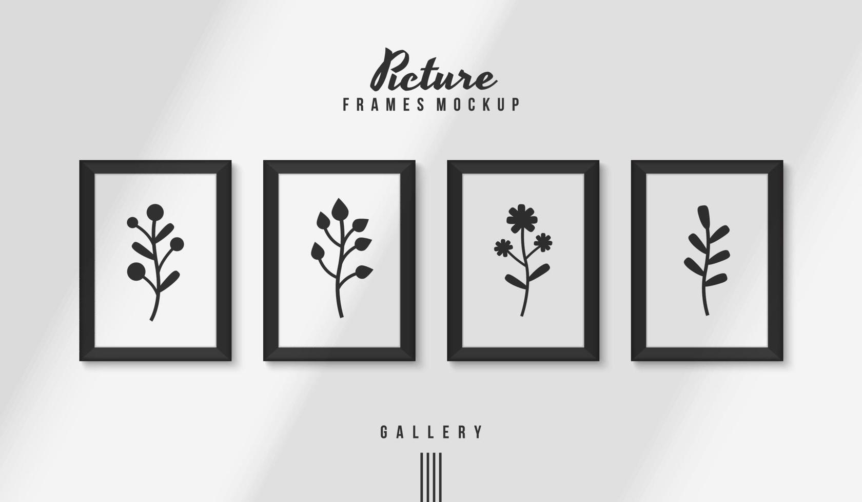 Minimal photo frames mockup isolated on wall, Modern frames with floral pictures background vector