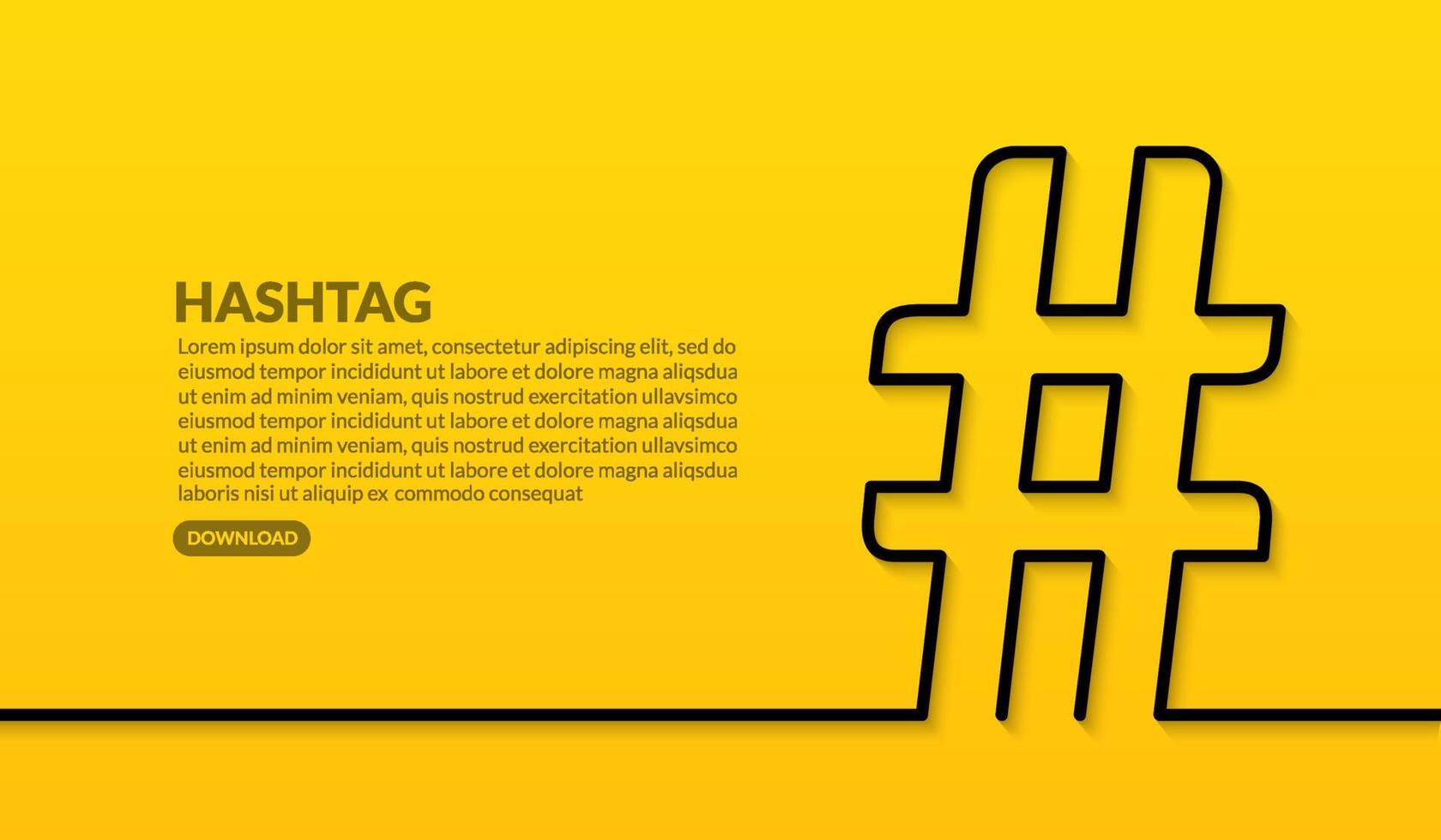 Diseño de línea mínima de hashtag sobre fondo amarillo, tendencia del concepto de publicación en redes sociales vector