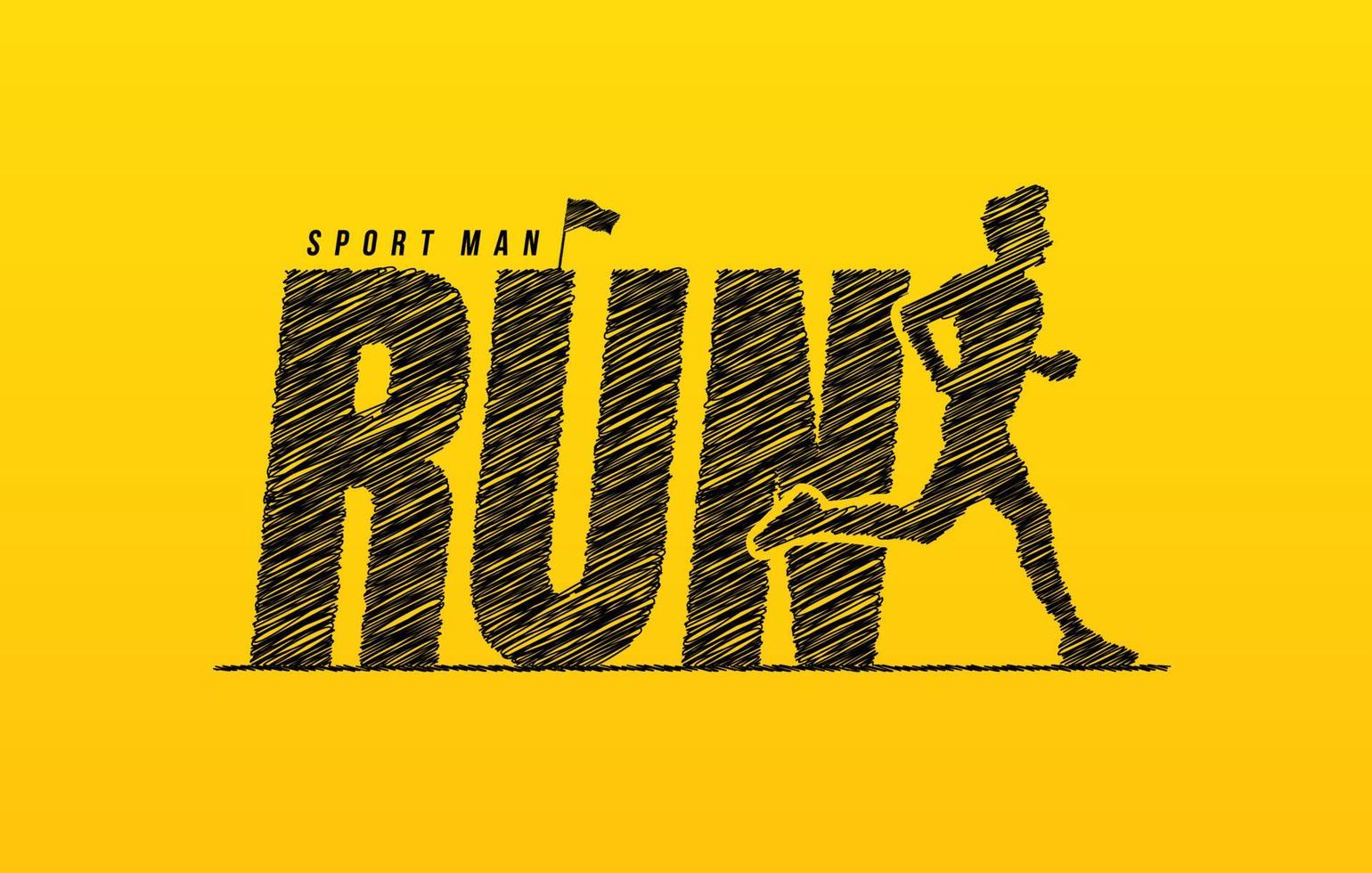 Run scribble text with sport running man on yellow background, Hand drawn running lettering typography concept, Motivation quote, Runner vector illustration