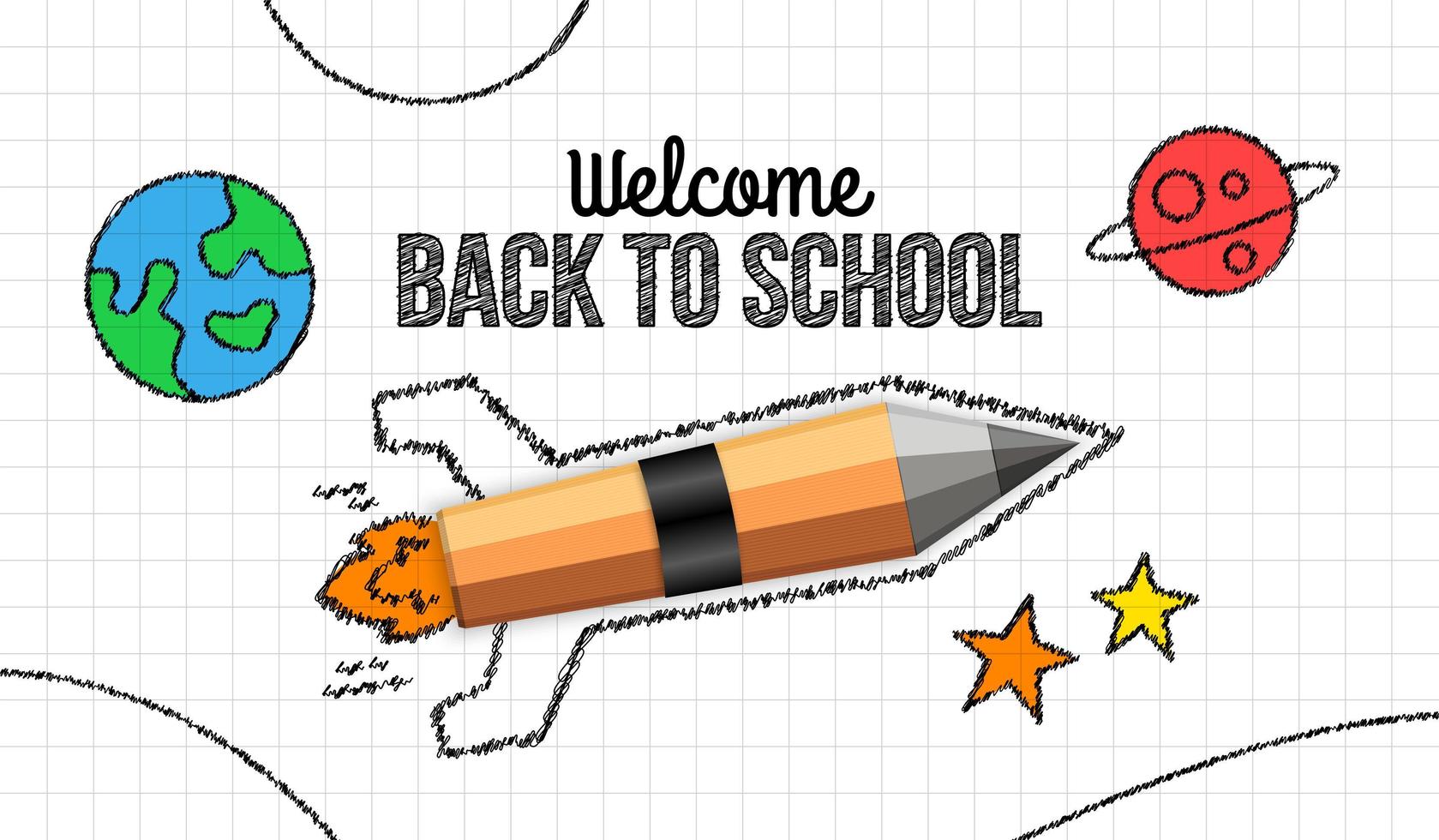 Realistic pencil rocket launching on white paper, Welcome back to school doodle background vector
