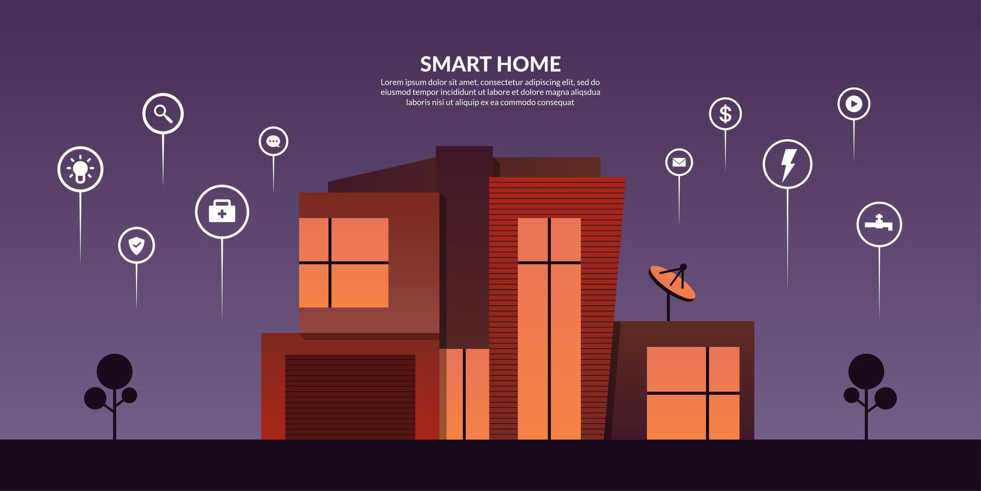 Tecnología de control del hogar inteligente con iconos de contorno, fondo de automatización de la casa moderna vector