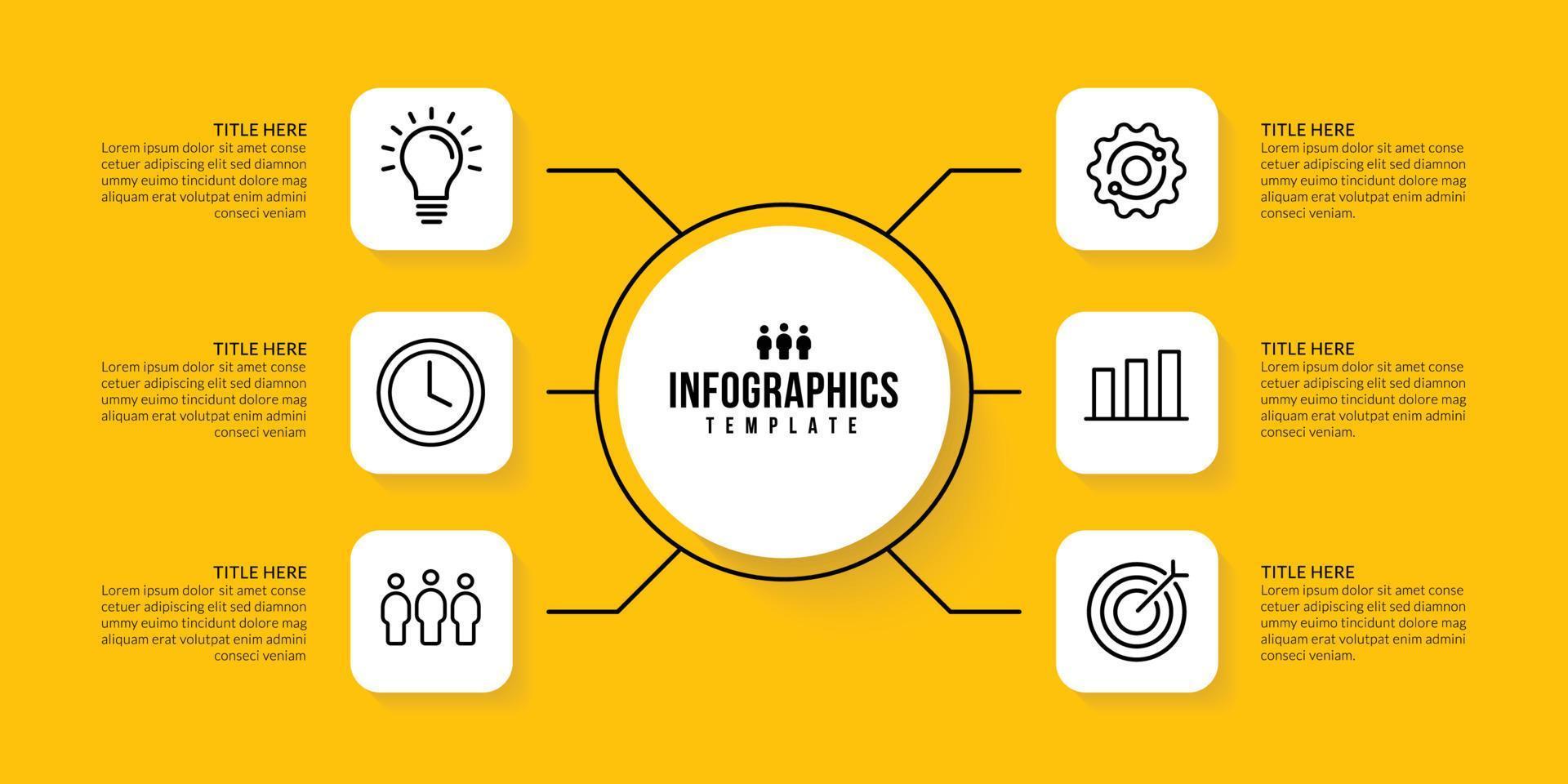 Diseño de plantilla de infografía de flujo de trabajo con 6 opciones sobre fondo amarillo, concepto de visualización de datos comerciales vector