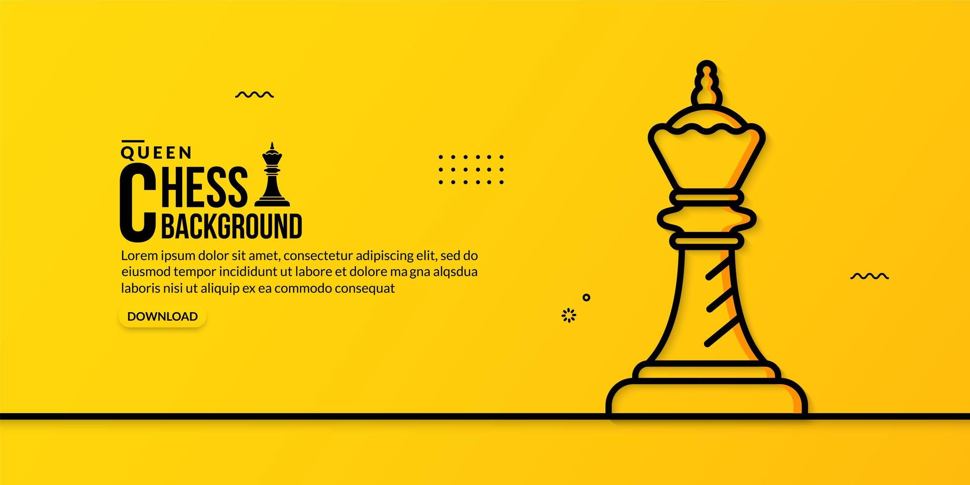Ilustración lineal de la reina del ajedrez sobre fondo amarillo, concepto de estrategia y gestión empresarial vector