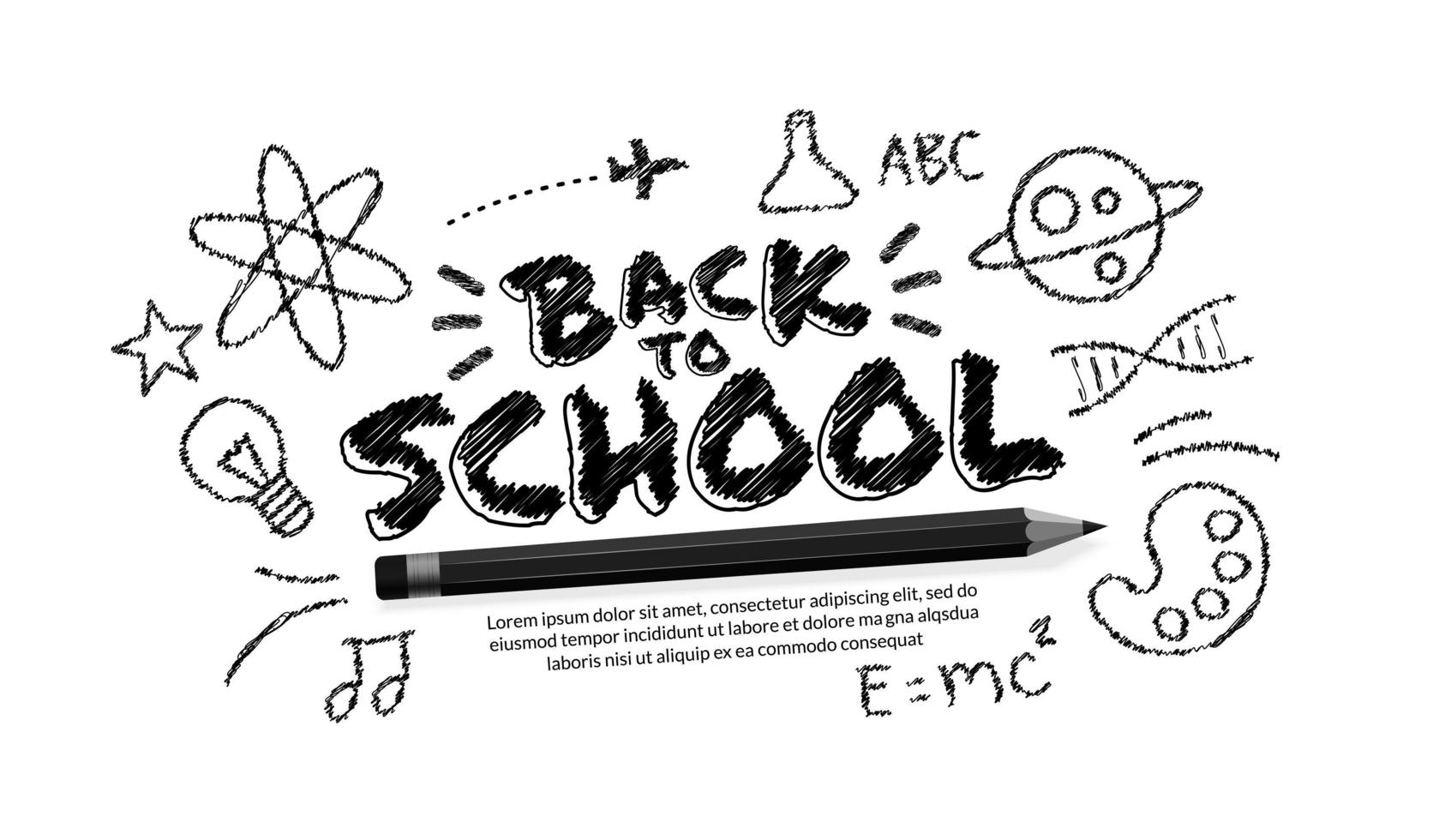 Welcome back to school text with realistic pencil and doodles on white background vector