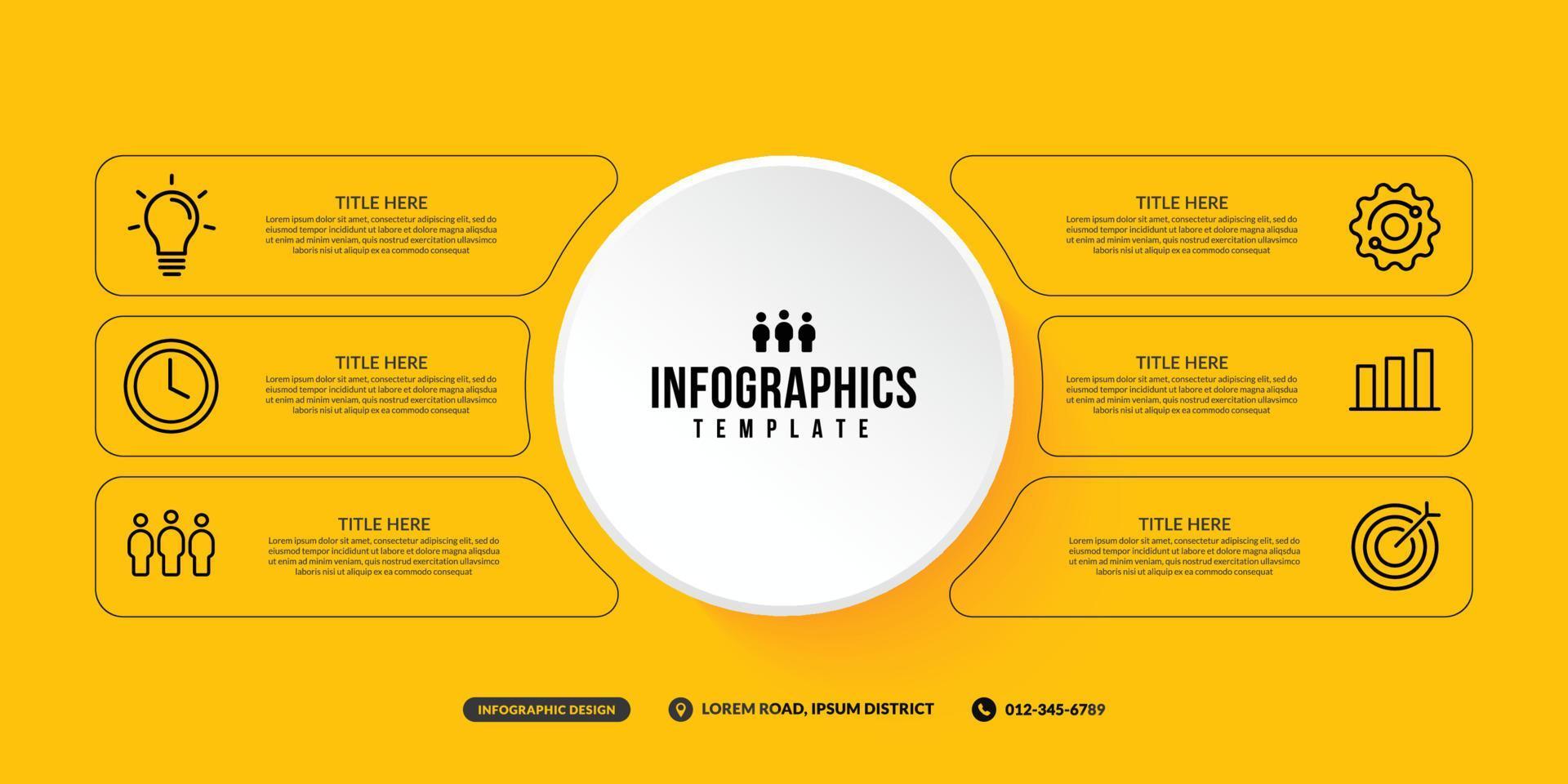 6 options infographic template on yellow background, business workflow with multiple steps minimal thin line design vector