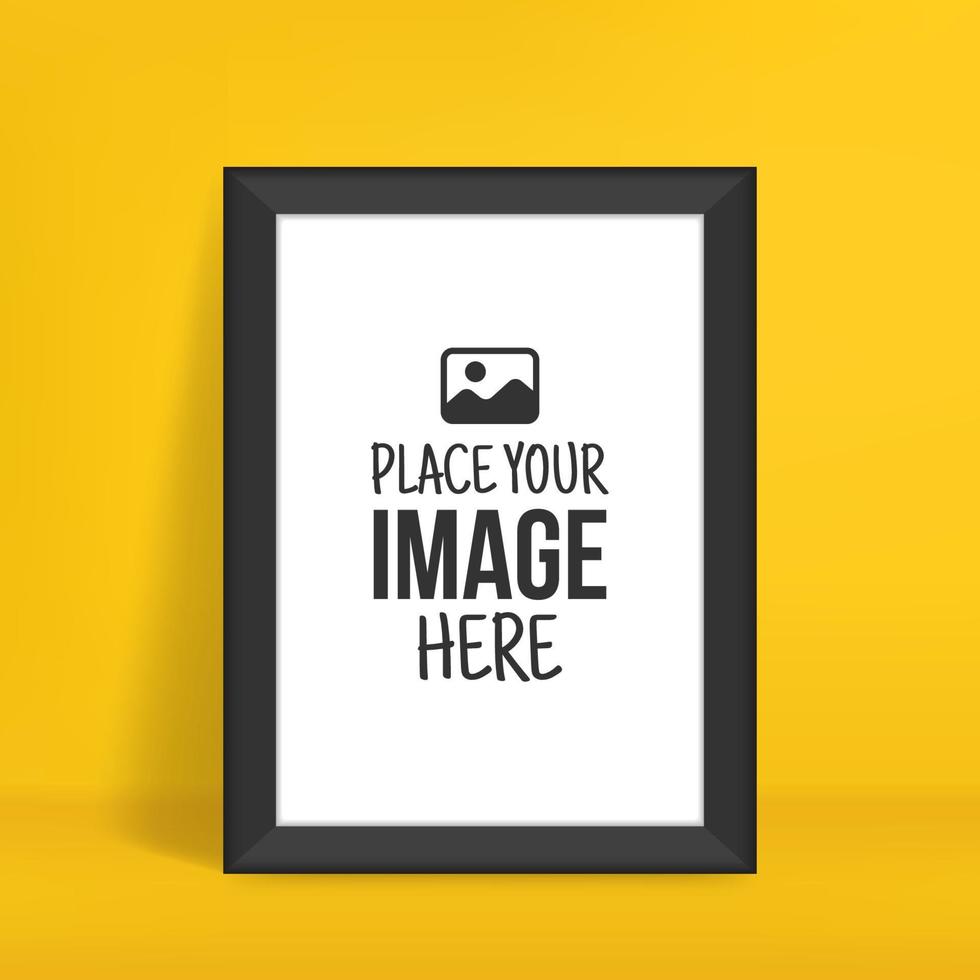 Portrait photo mockup on yellow wall, Empty interior poster frame for your design prints vector