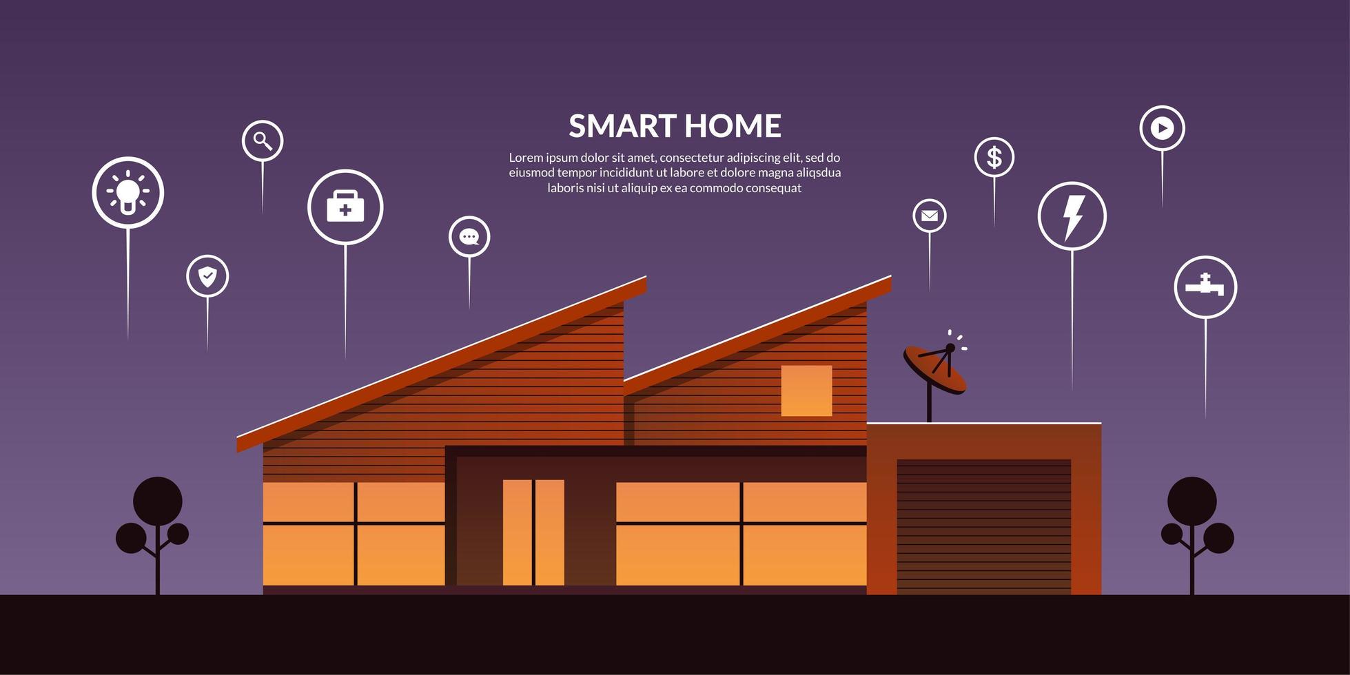 Tecnología de control del hogar inteligente con iconos de contorno, fondo de automatización de la casa moderna vector