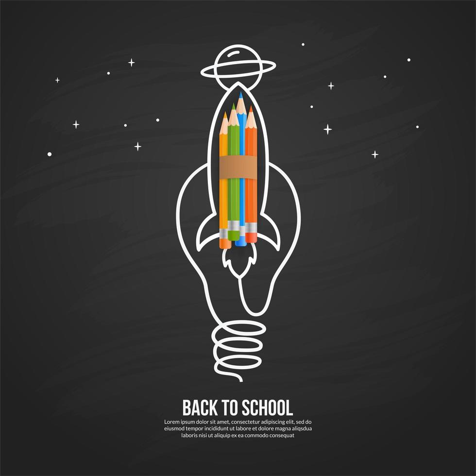 Colour pencils rocket launching with light bulb on blackboard, welcome back to school background vector