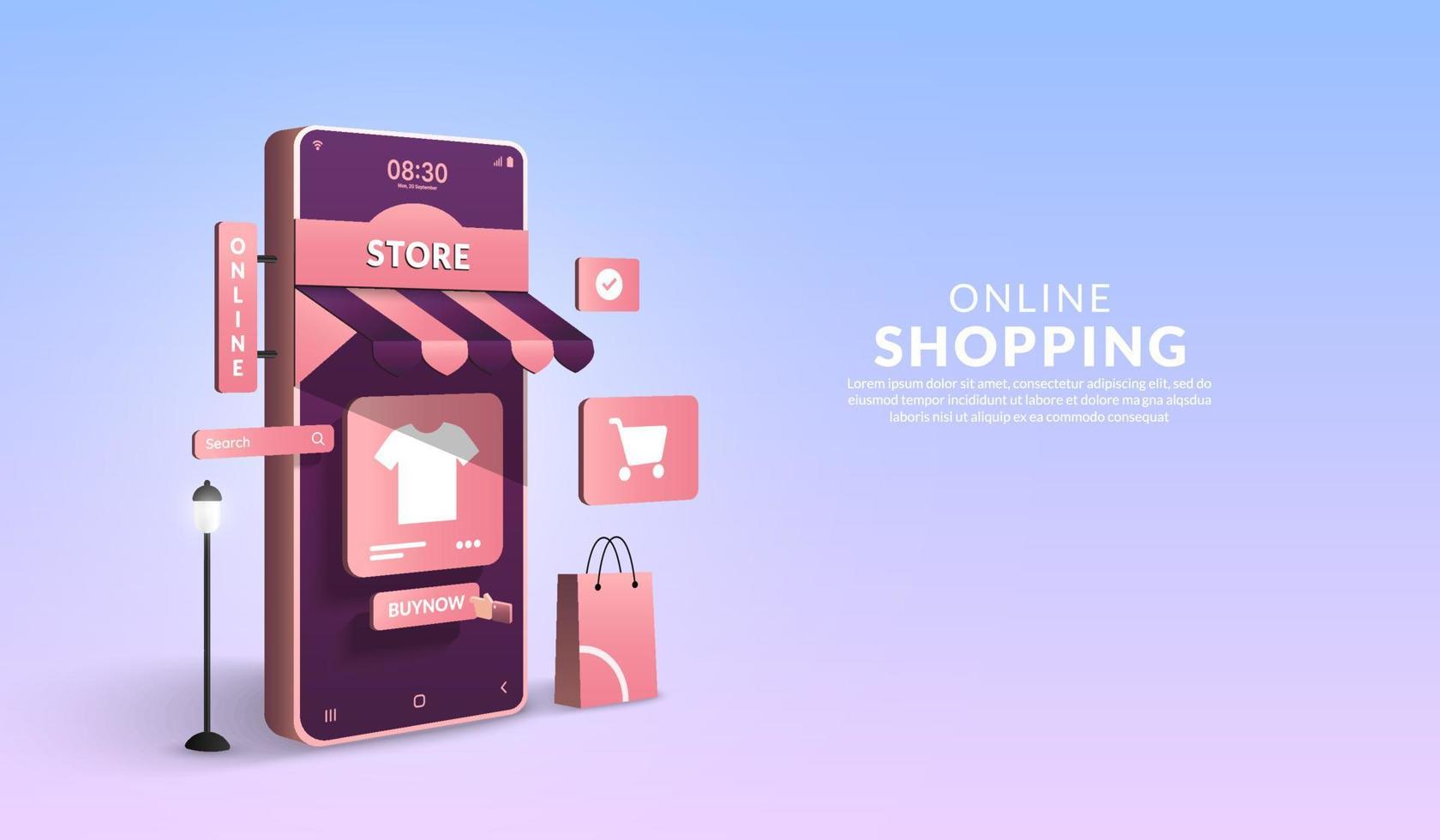 Online shopping on mobile application concept, digital marketing online, 3D smartphone in form of shop with shopping bag vector