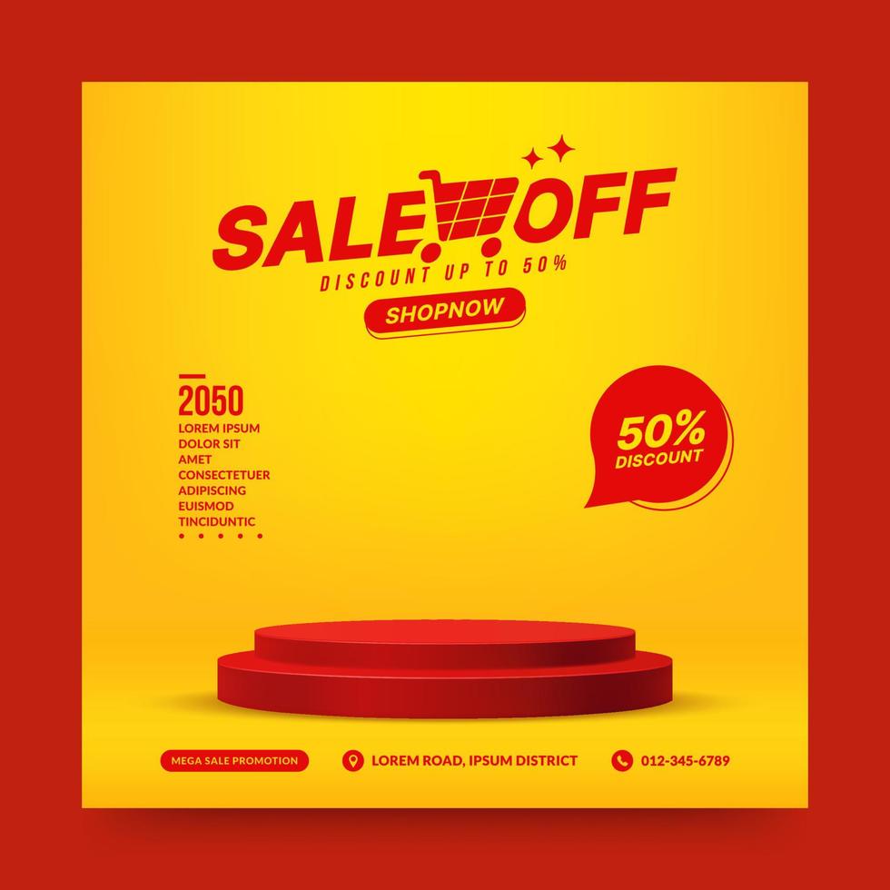 Blank sale product podium scene for social media post, pedestal stage for product presentation isolated on yellow background. vector