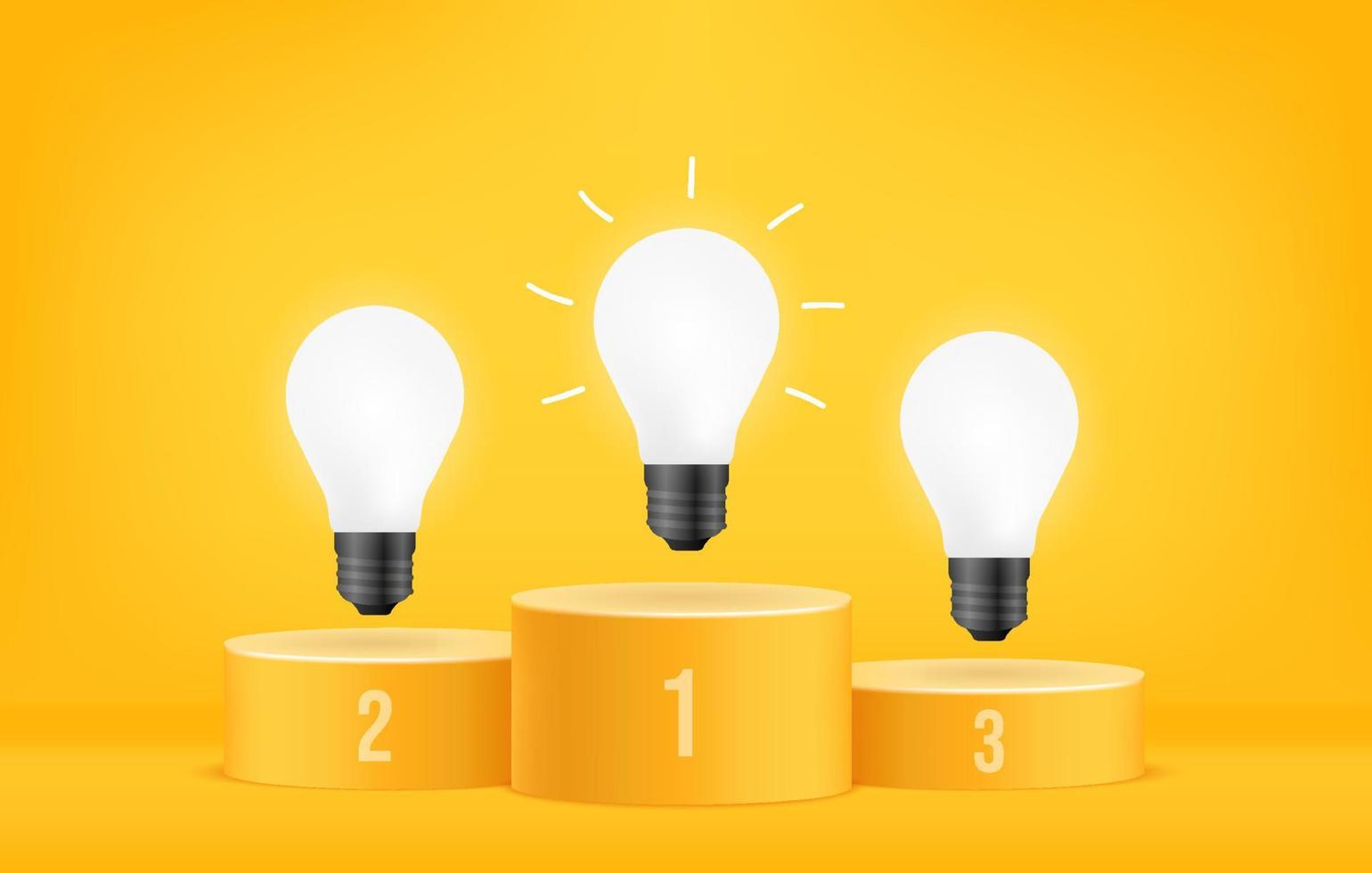 Glowing light bulbs on winner podium, Sustainable energy efficient concept, Leadership of business strategy and management on yellow background vector