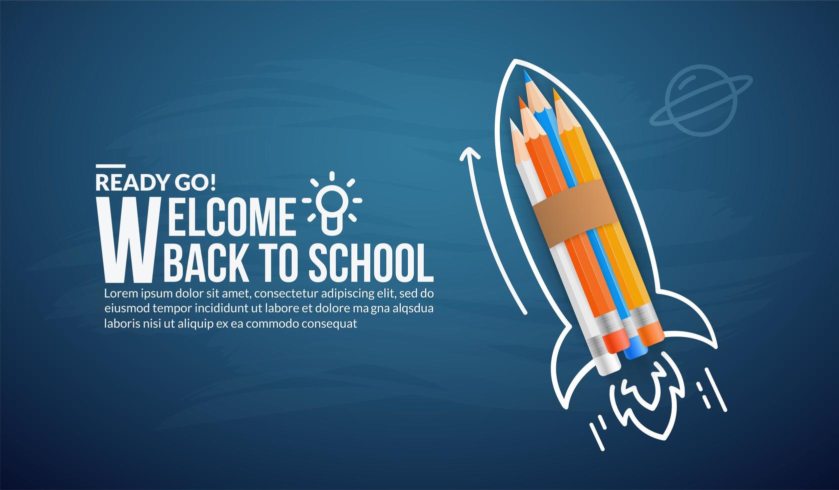 Colour pencils rocket launching to space on blue background, welcome back to school concept vector