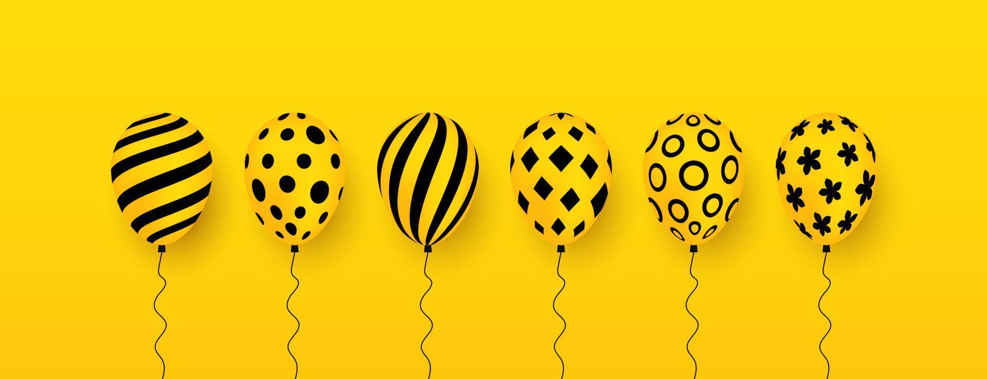 Conjunto de globos con patrón sobre fondo amarillo, globos para decoraciones de fiesta de cumpleaños ilustración vectorial vector