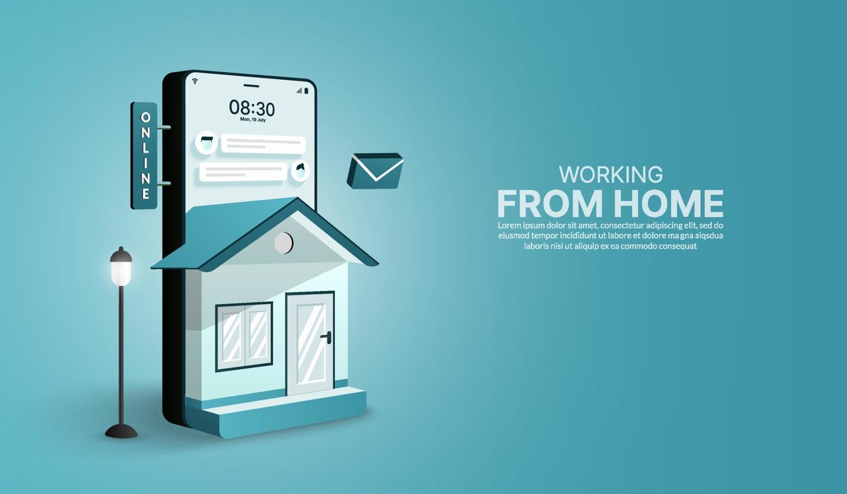 Work from home by mobile application and website on Smartphone in form of house, Online working and social distancing concept vector