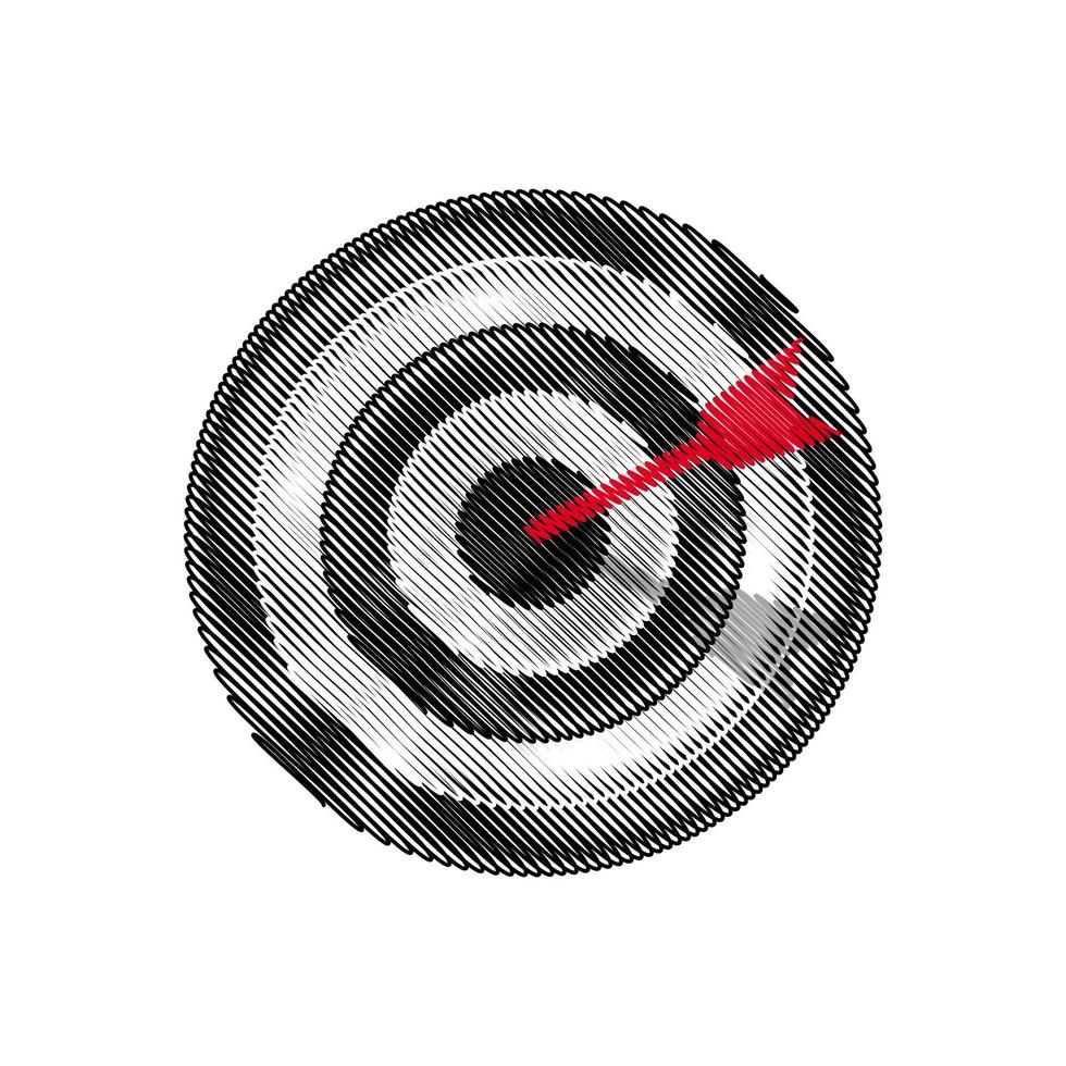 Dart board in scribble effect style, Target icon on white background, Arrow hitting the center of target business concept vector