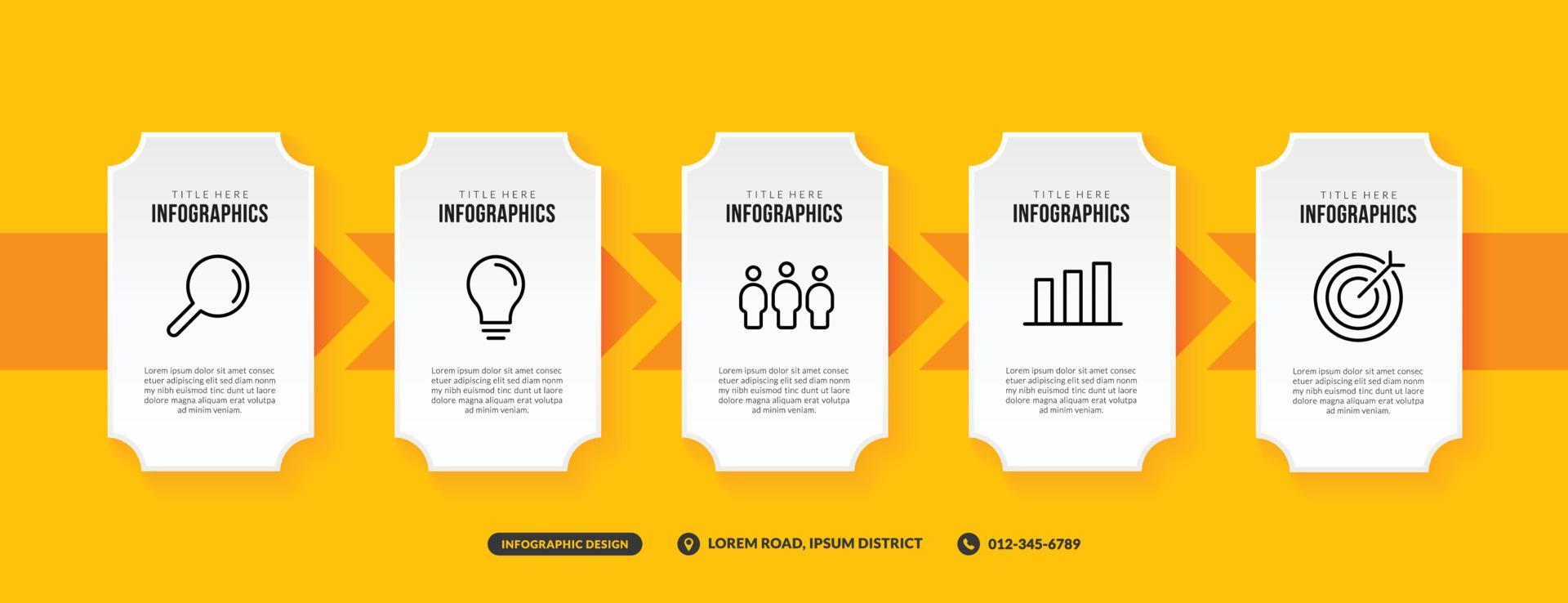 Plantilla de infografía de 5 opciones sobre fondo amarillo, flujo de trabajo empresarial con concepto de varios pasos vector