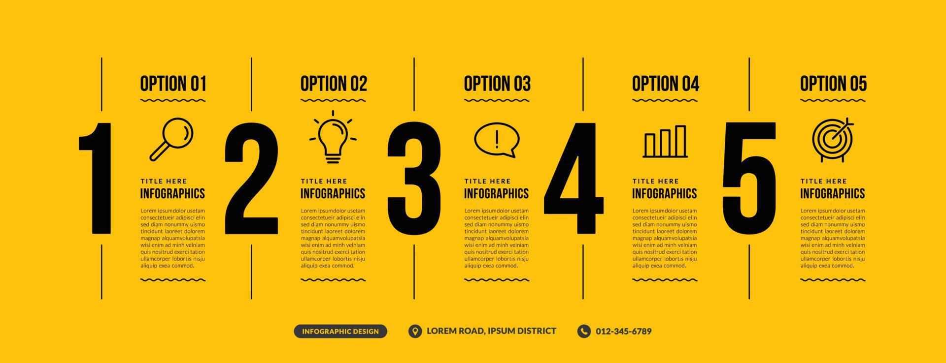 Plantilla de infografía de 5 opciones sobre fondo amarillo, flujo de trabajo empresarial con varios pasos en un diseño de línea fina mínima vector