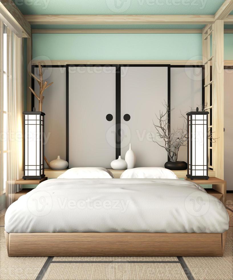 Ryokan habitación de cama azul claro de estilo muy japonés con piso de tatami y decoración. Representación 3D foto