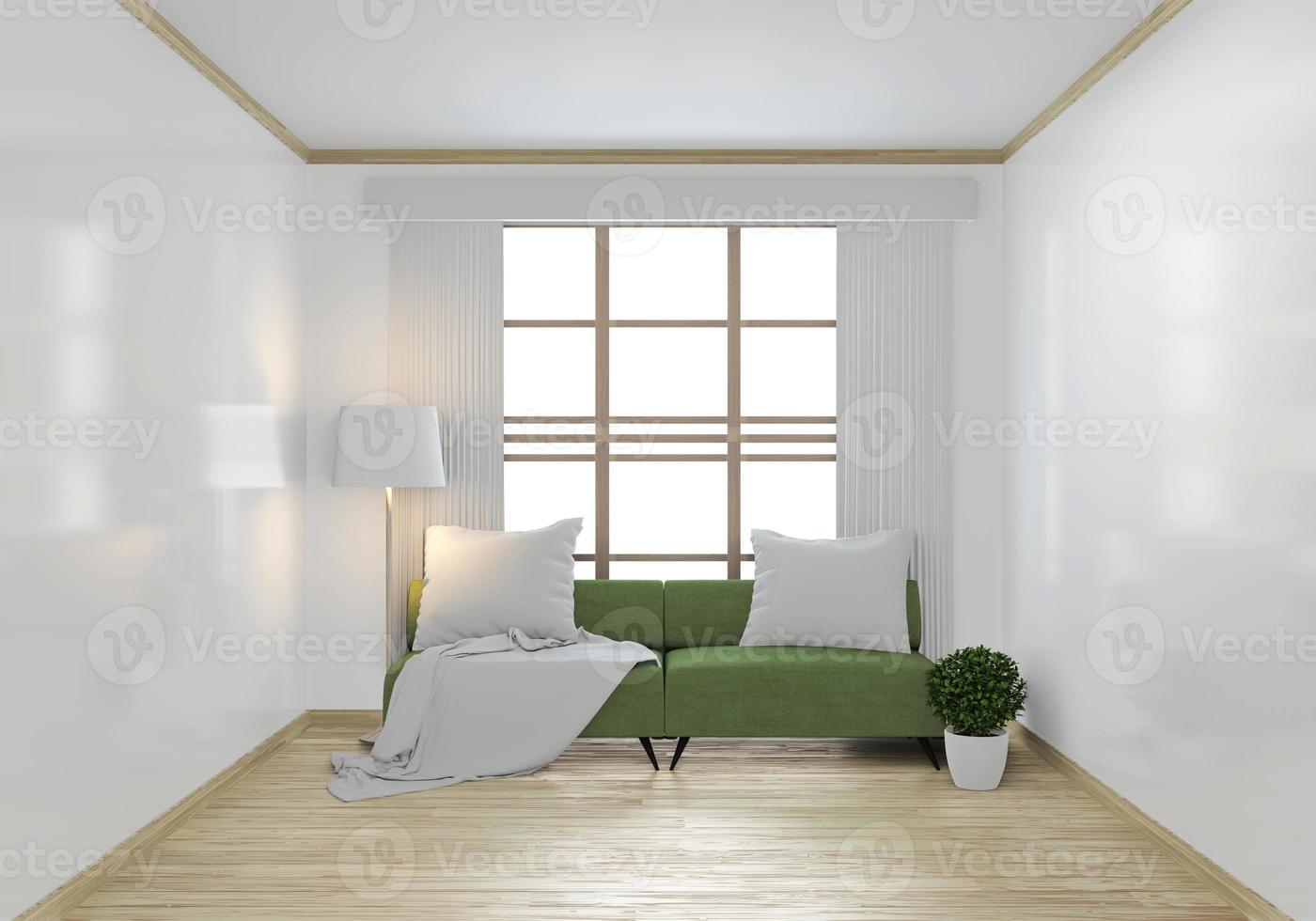 simulacro de sofá verde y plantas de decoración representación 3d foto