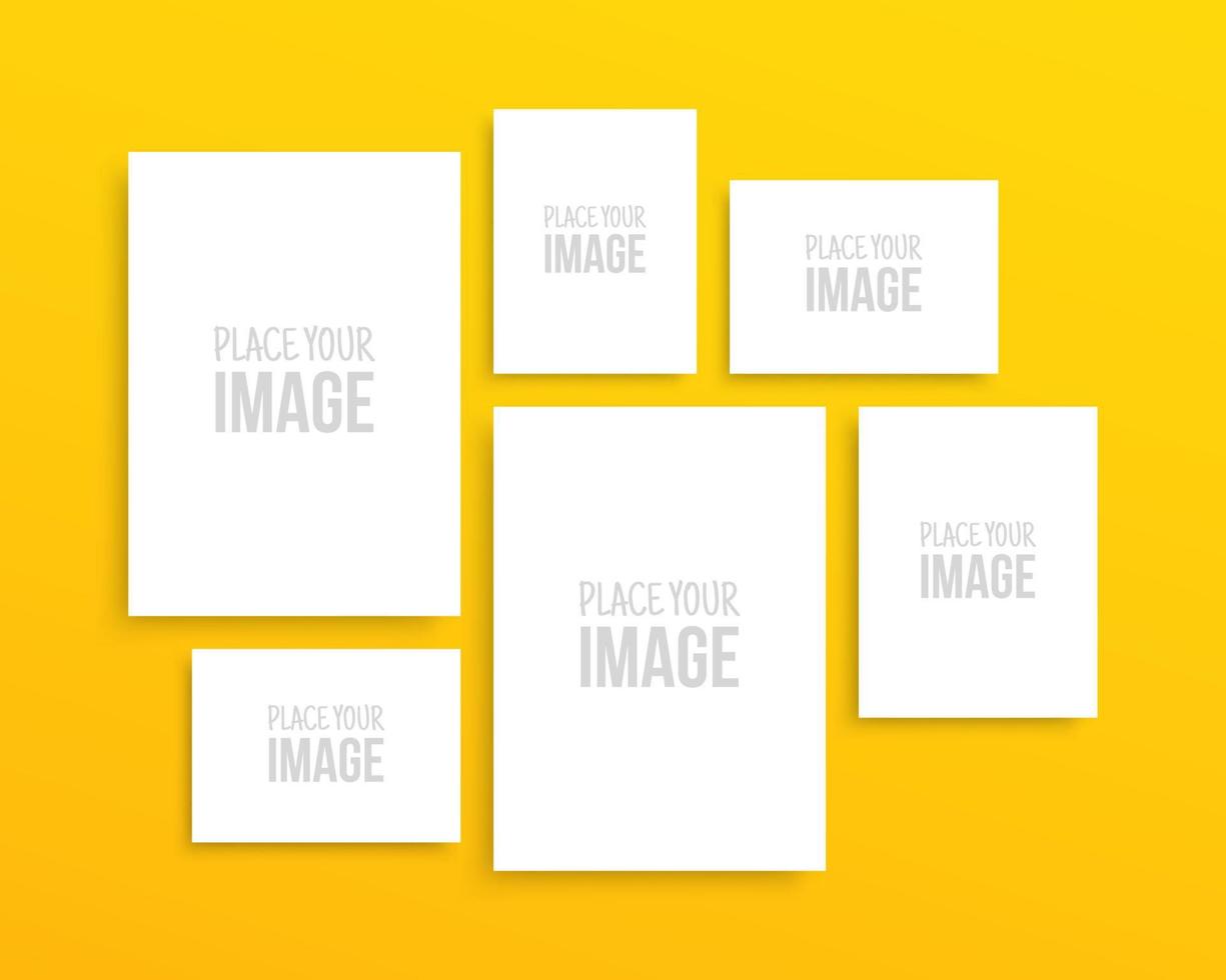 Paper sheets collection on yellow wall, empty photo frame gallery for your design printing, isolated poster mockup vector