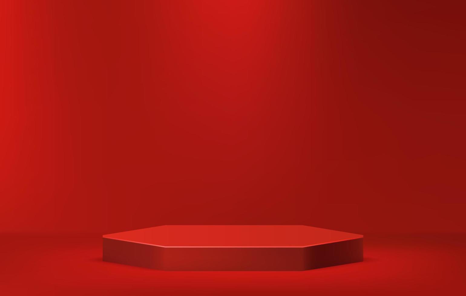 Red podium for product display on minimal scene, empty stage 3D illustration template vector