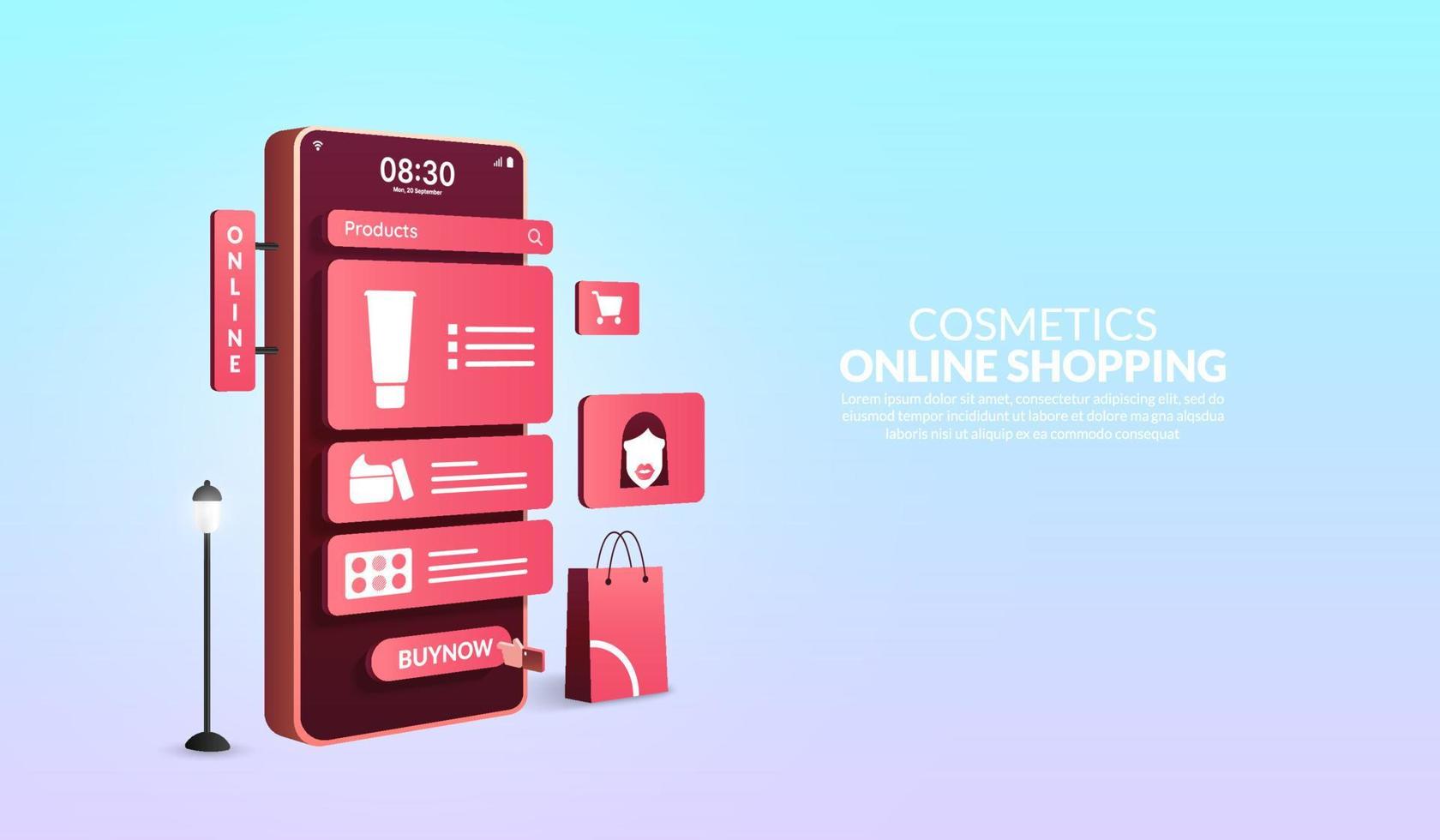 Cosmetics online shopping on mobile application concept, 3D smartphone with shopping bag and cosmetic icons vector