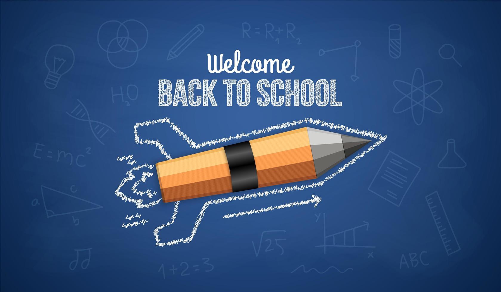 Realistic pencil rocket launching on blue board, concept of welcome back to school background vector