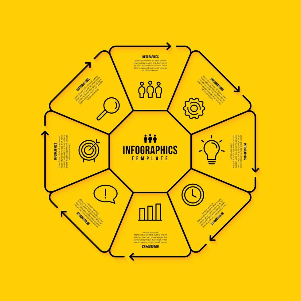 Hexagon infographic template design with multiple options, Business data visualization steps concept, Thin line icons style on yellow background vector