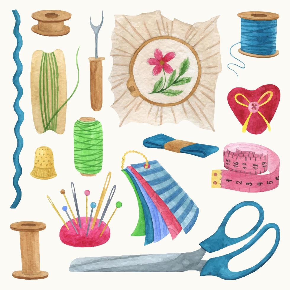 WATERCOLOR SET OF OBJECTS FOR NEEDLEWORK vector