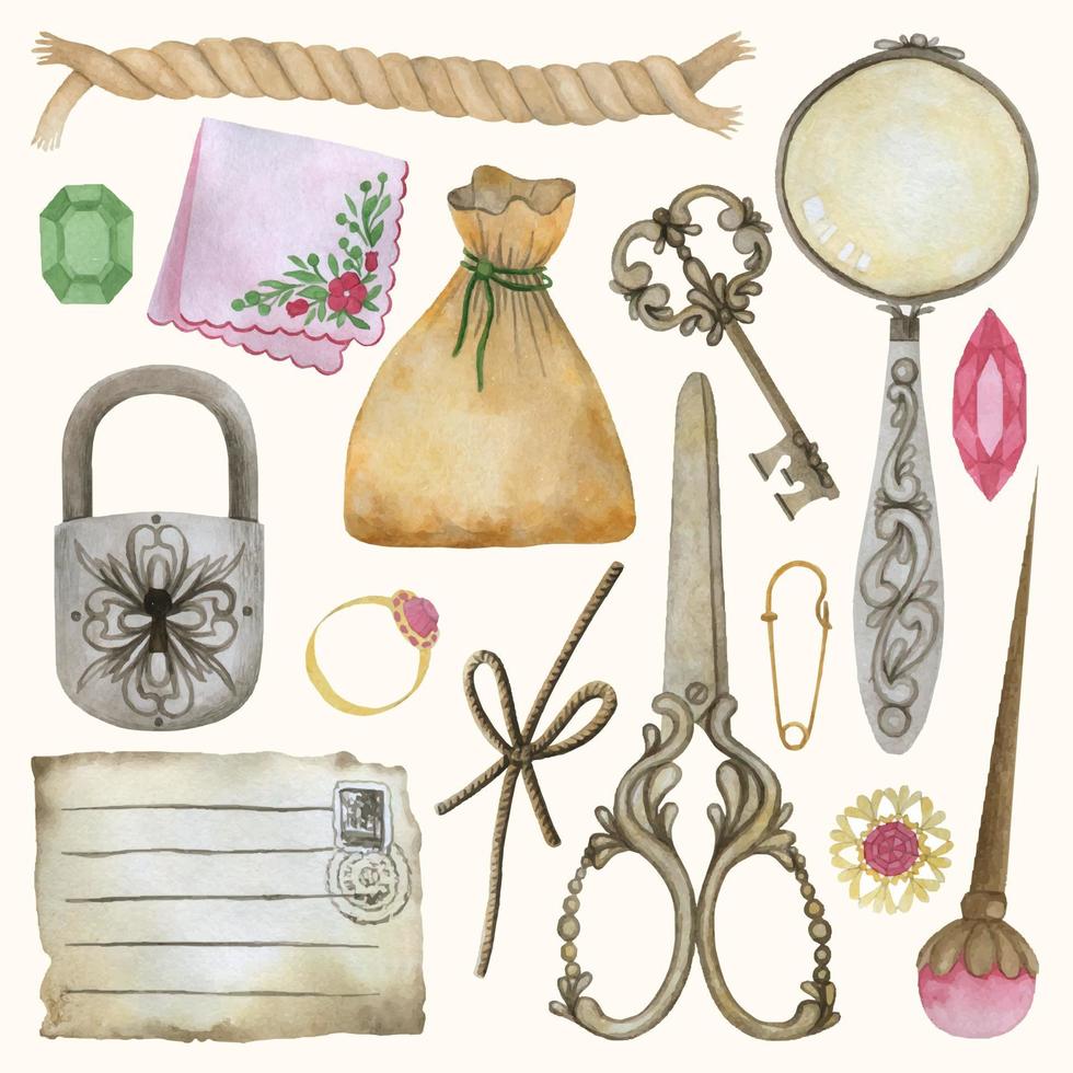 WATERCOLOR SET OF VINTAGE ITEMS vector