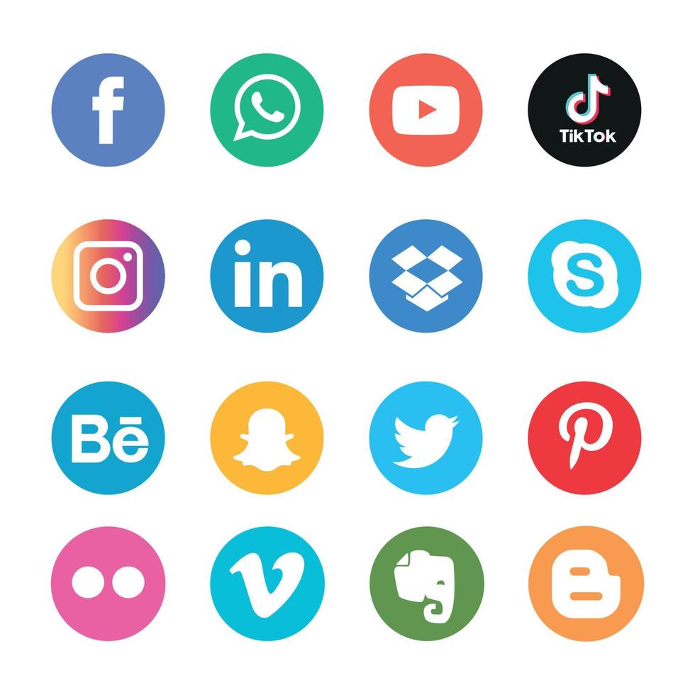 tecnología de iconos planos de redes sociales, red. venta de cara sonriente de grupo de fondo. compartir, me gusta, ilustración vectorial twitter, youtube, whatsapp, snapchat, facebook, instagram, tiktok, tok vector