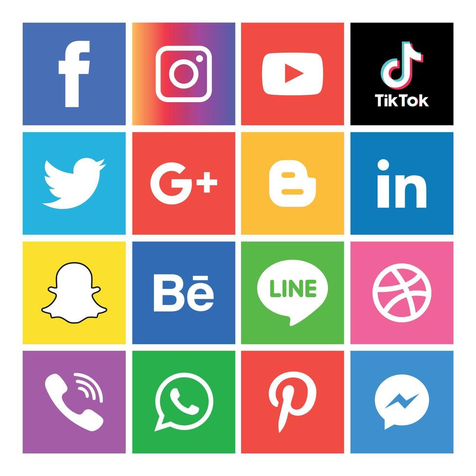 tecnología de iconos planos de redes sociales, red. venta de cara sonriente de grupo de fondo. compartir, me gusta, ilustración vectorial twitter, youtube, whatsapp, snapchat, facebook, instagram, tiktok, tok vector